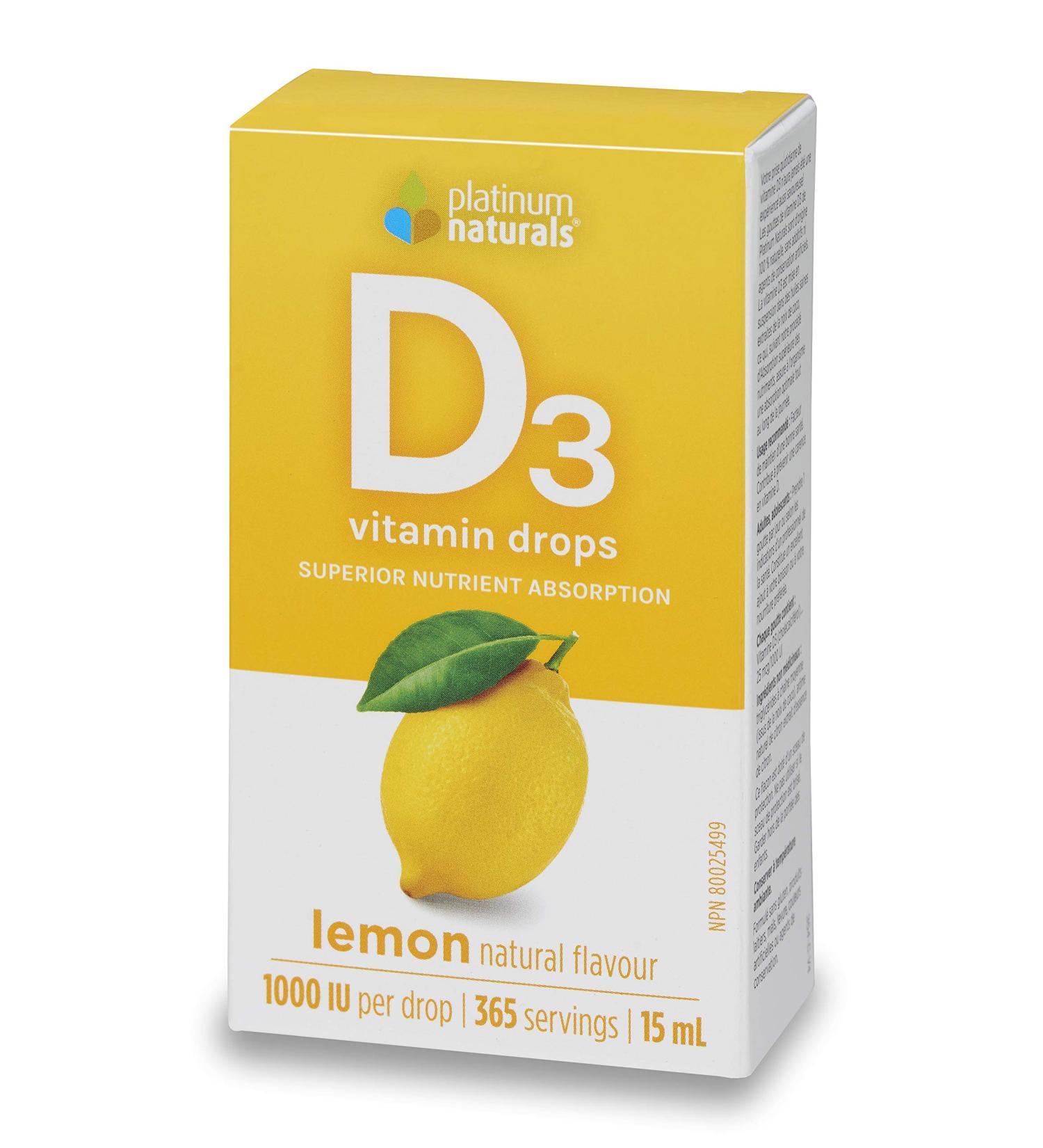 Platinum Naturals - Easy Absorb D3 Drops for Adults - Lemon Flavored 15ml - High Potency Liquid Vitamin D Supplement 1000 IU per Drop - Supports Overall Wellness - Easy-to-Use Dropper - Buy Online on GoSupps.com