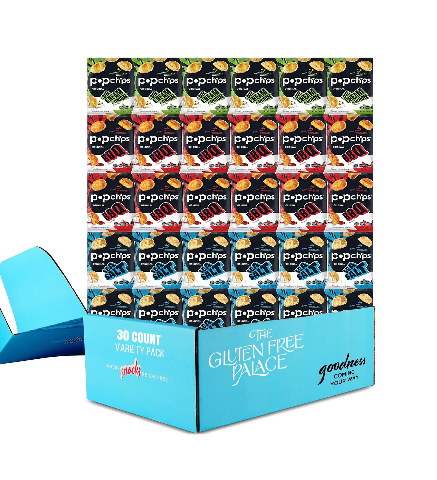 Pop Chips Variety Pack 30 Pack Snack Box 12 BBQ 12 Sea Salt and 6 Sour Cream Potato Chips Bags 0.8 Ounce Bags Gluten-Free Crackers Low-Calorie Healthy Snacks Fun Time Popchips Bulk Gift Ready Packaging - Buy Online on GoSupps.com