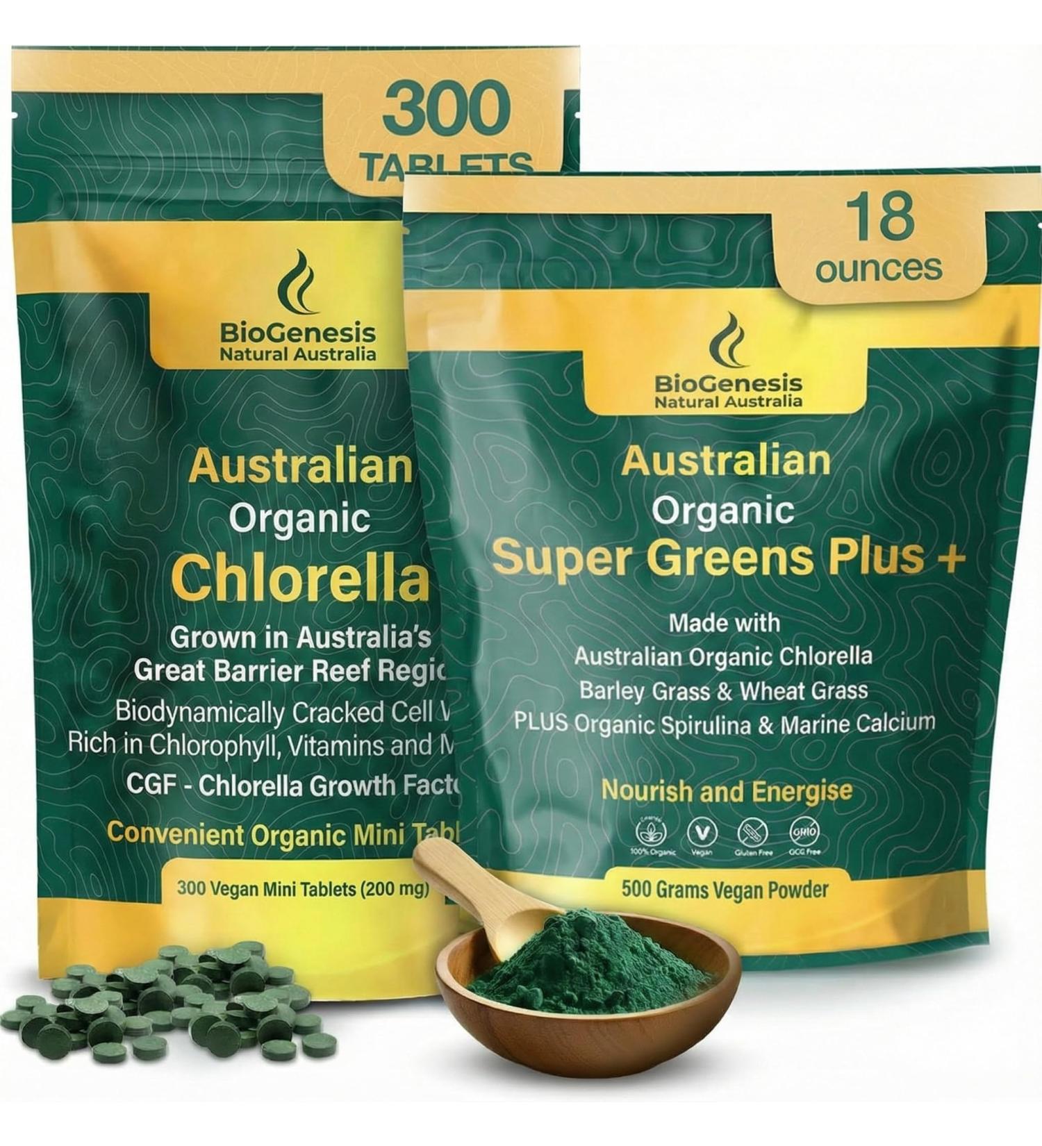 Biogenesis Energy & Immunity Set Includes Organic Chlorella Mini Tablets (300 Count) and SuperGreens Plus Powder (500g) Nutrient-Dense Australian Greens for Daily Vitality - Buy Online on GoSupps.com