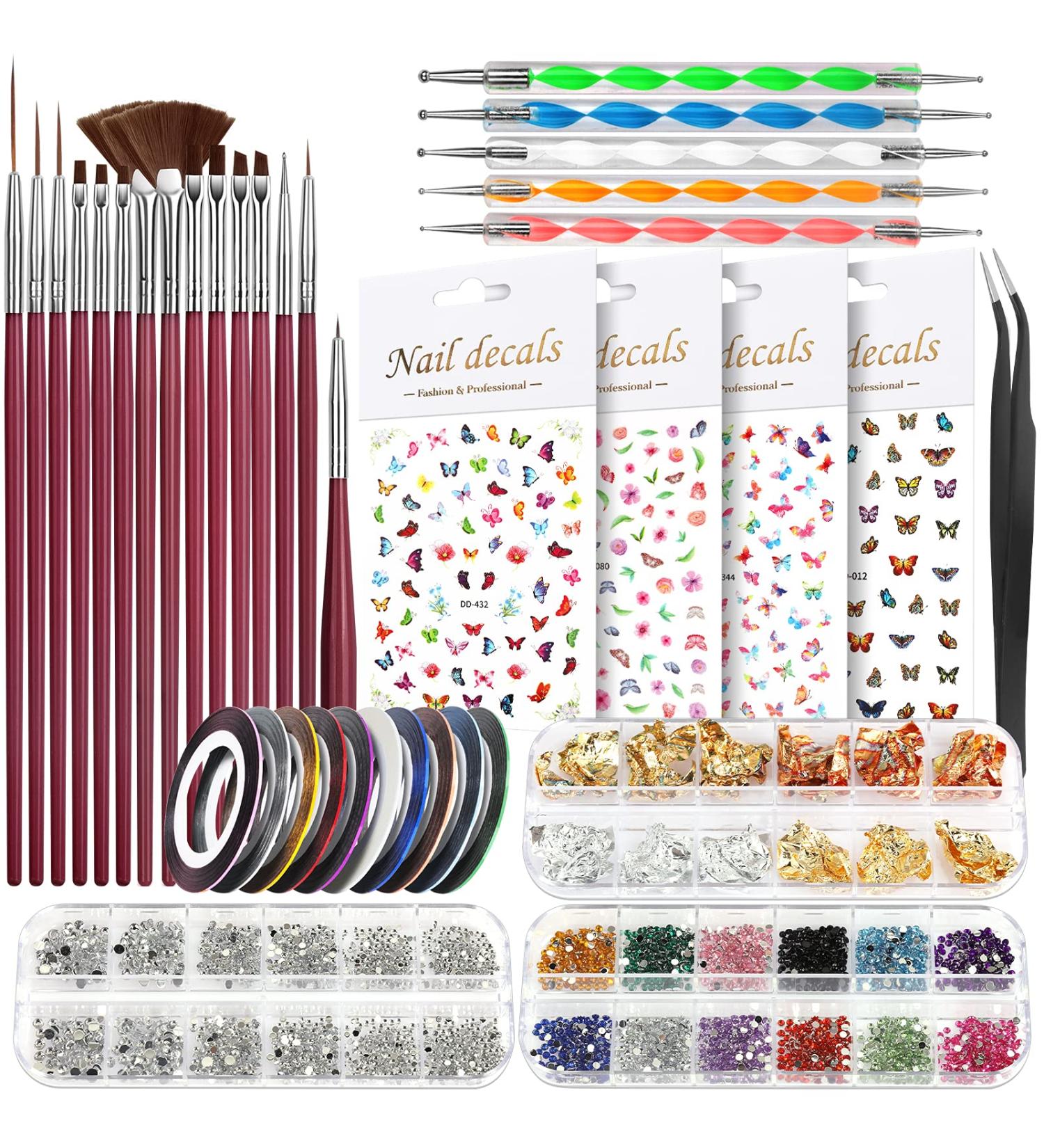Nail Art Brushes Kit with Dotting Tools, Butterfly Stickers, Rhinestones, Tweezer, Foil Flakes, Striping Tape - Rose Red - Buy Online on GoSupps.com