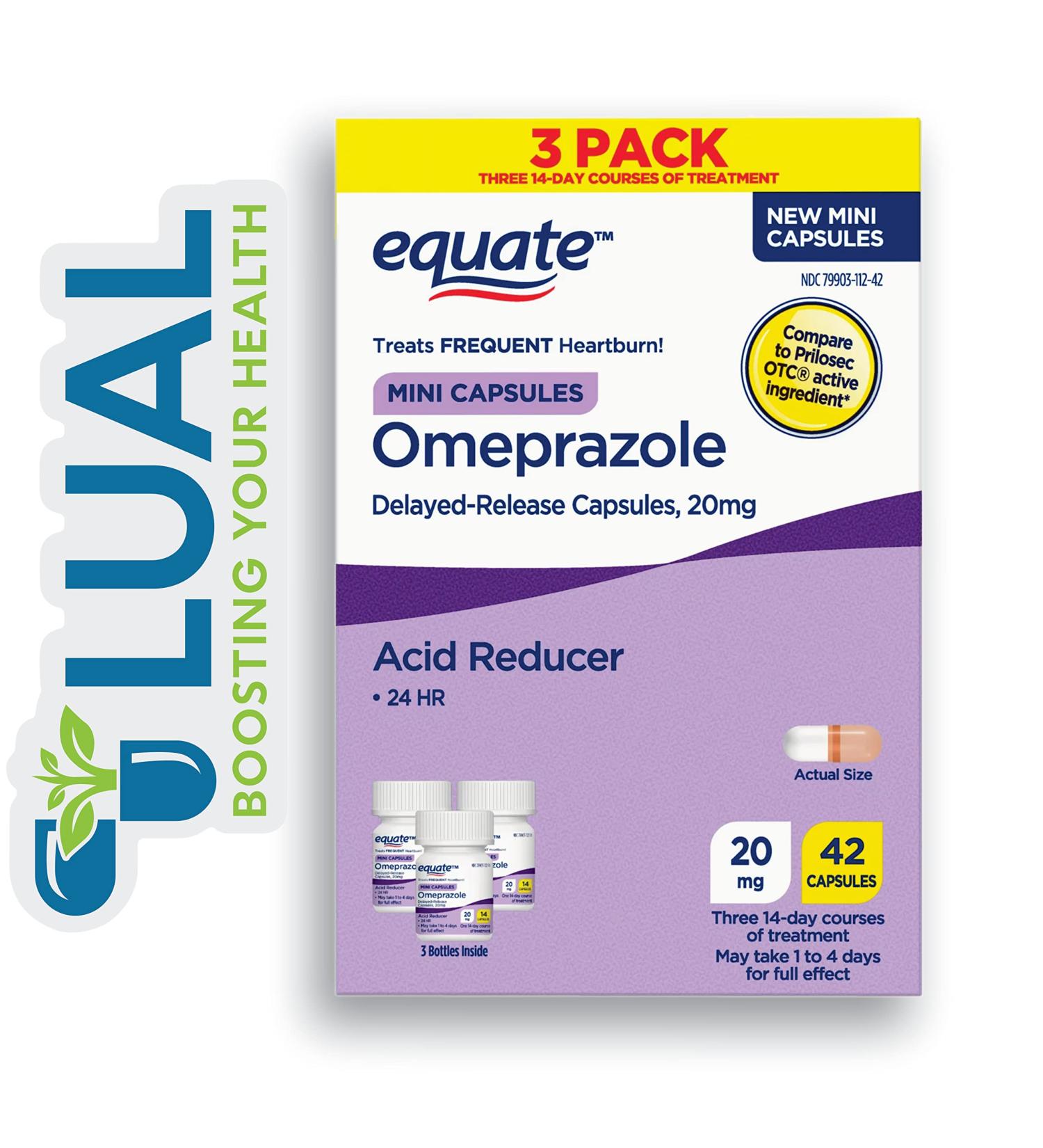Omeprazole Acid Reducer for Heartburn | 42 Capsules with Luall Sticker | Equate Mini Capsules 20 mg - Buy Online on GoSupps.com