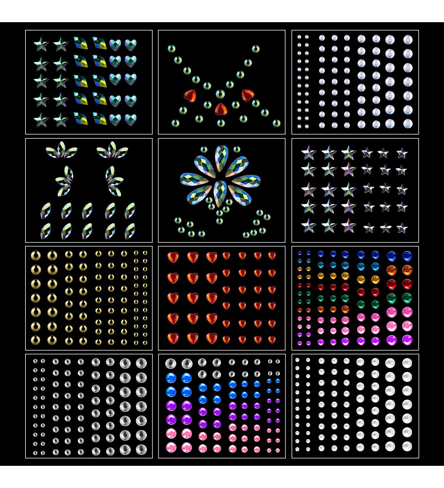 Face Jewels Stickers Gems Rhinestones | Body Glitter Festival Rave & Party Accessories - 12 Sheets - Buy Online on GoSupps.com