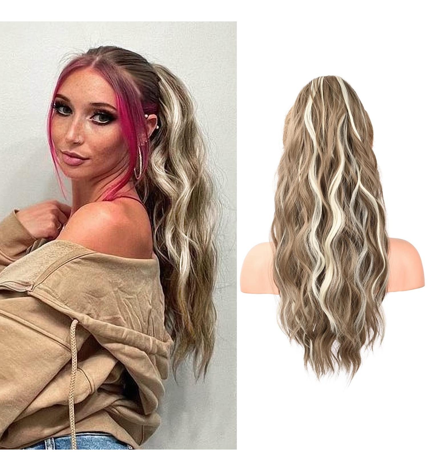 Flufymooz 56 cm Curly Ponytail Extension - Ash Brown with Blonde Reflexes | Hair Extensions for Women - Buy Online on GoSupps.com