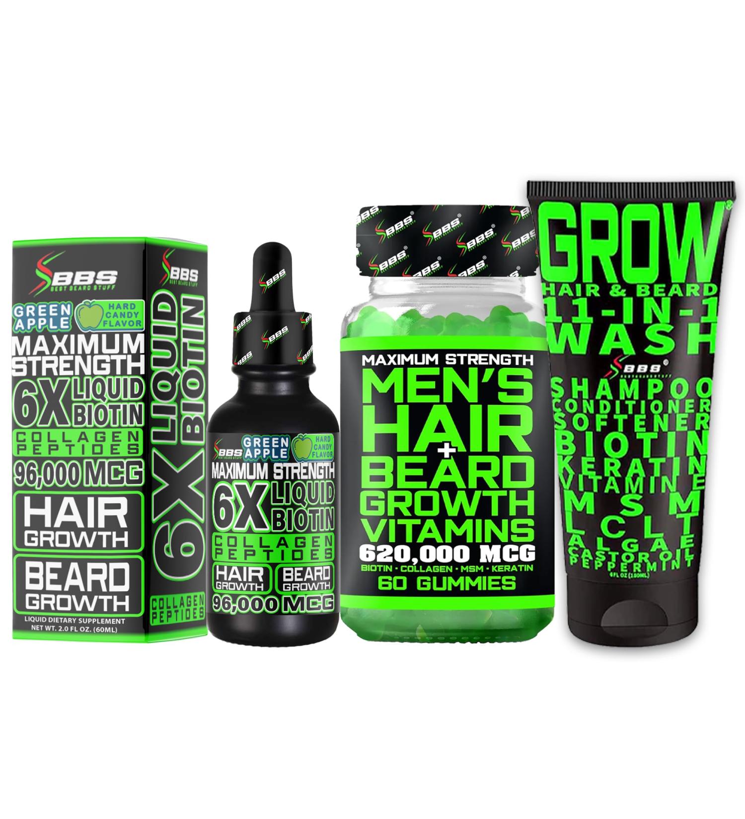 Beard Growth Kit w/Grow 11-in-1 Hair Growth Shampoo for Men & Conditioner w/Biotin + Beard Growth Vitamins & Hair Growth Vitamins for Men + 6X Liquid Biotin with Collagen - Formulated in America - Buy Online on GoSupps.com