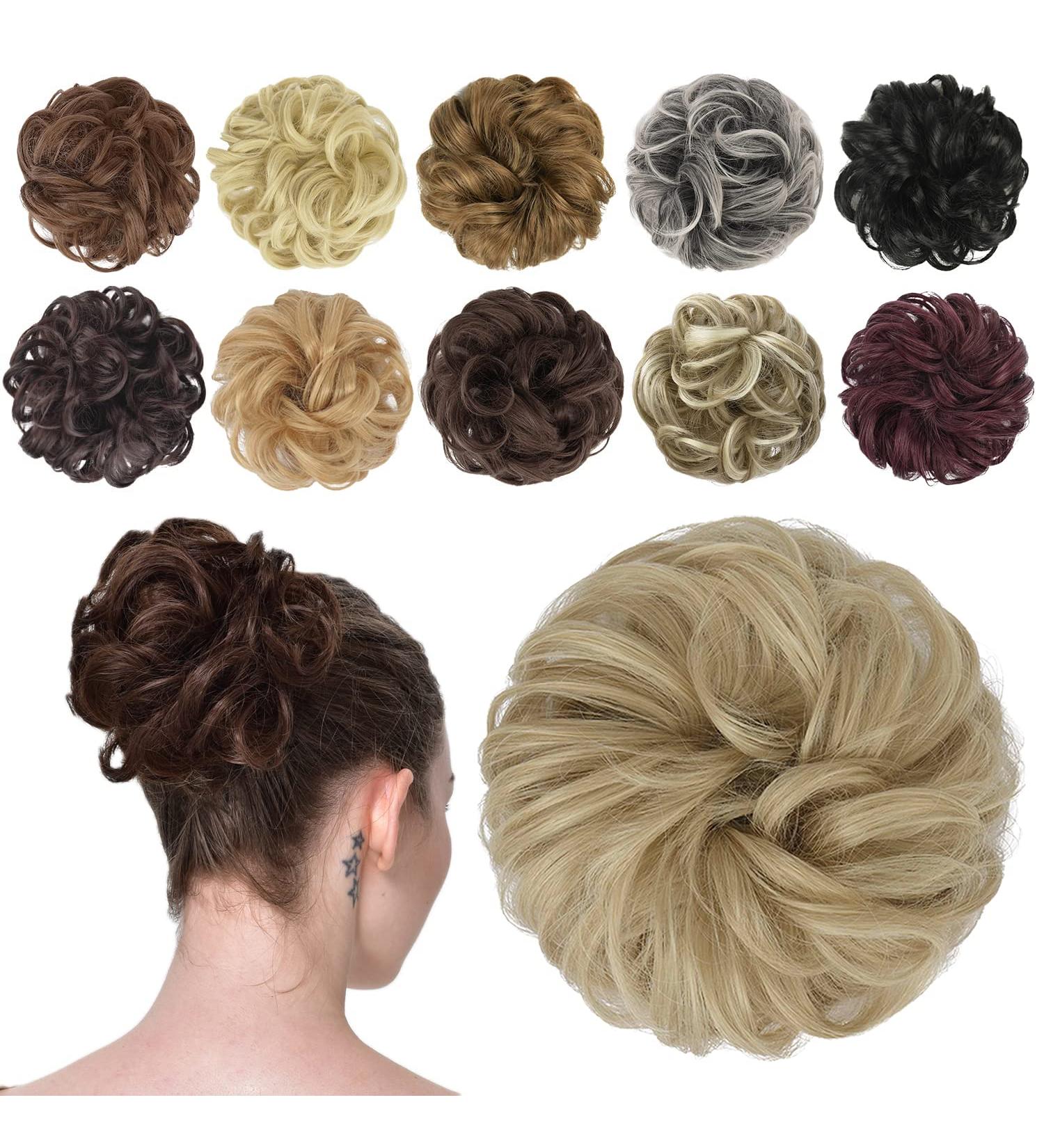 FESHFEN Synthetic Wavy Curly Hair Bun Scrunchie in Pale Golden Blonde & Bleach Blonde - Updo Hairpiece for Women, Girls, Kids - 38g - Buy Online on GoSupps.com