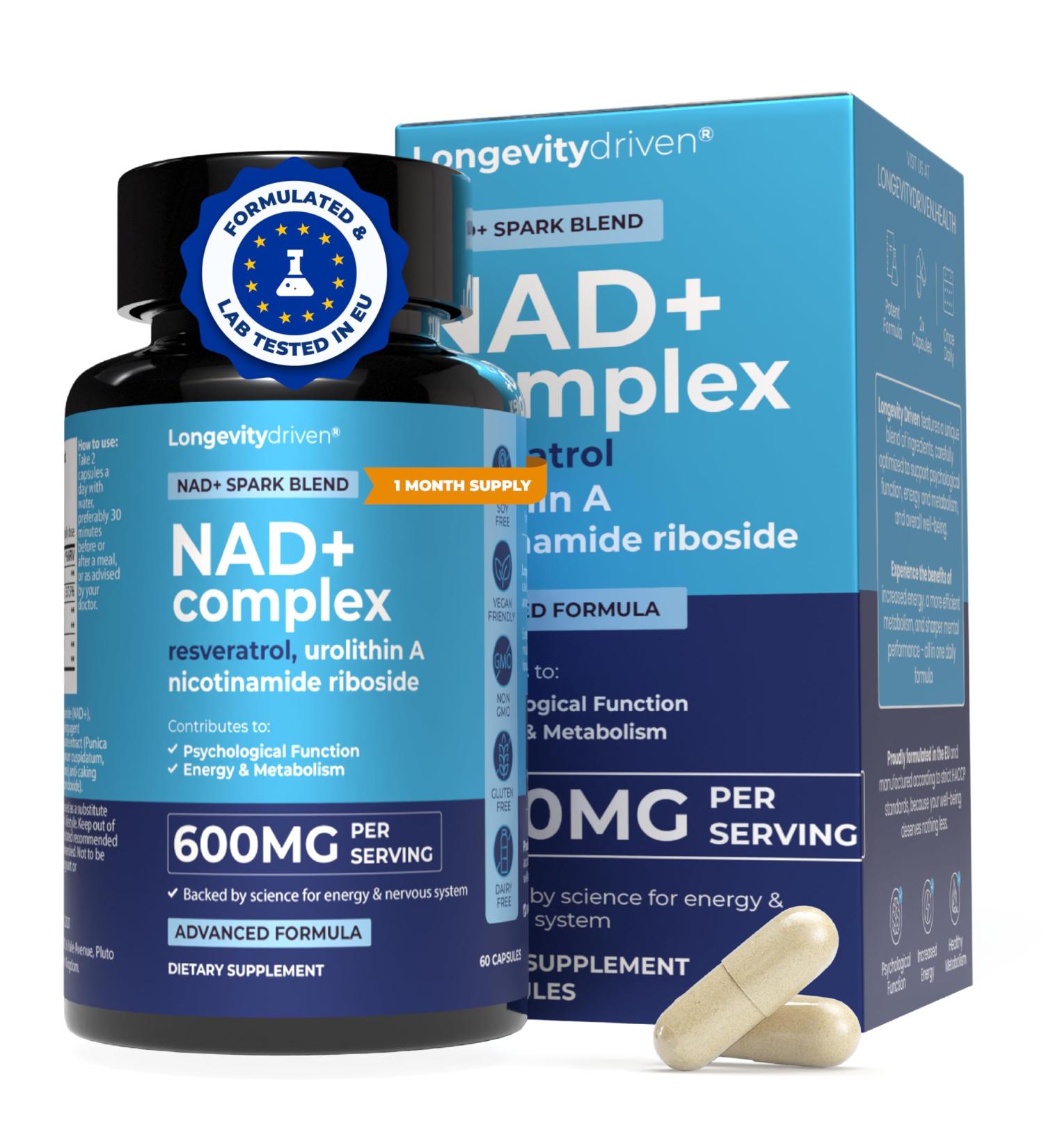 NAD+ 500 mg Anti- ge R duit la Fatigue et Am liore le M tabolisme Resv ratrol Urolithine A Niacine 60 Capsules 1 Mois D'approvisionnement - Buy Online on GoSupps.com