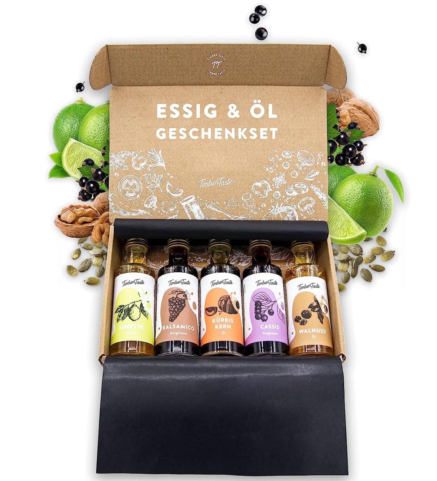 Timber Taste Vinegar & Oil Gift Set - Unique Mothers Day Gift for Mom | 5 Exquisite Essential & Food Oils (5x40ml) | Perfect Kochbox Koch Set - Nutty Delicious - Buy Online on GoSupps.com