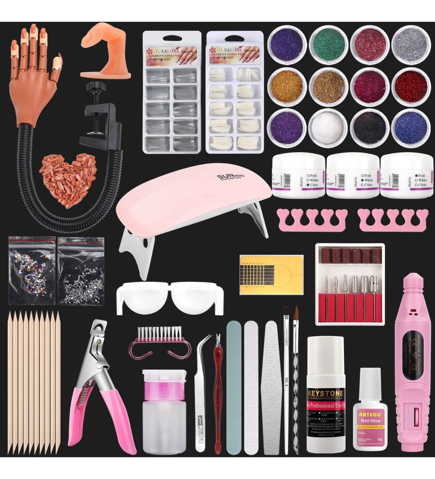Flexible Nail Practice Hand & Acrylic Powder Kit with Nail Drill & Dryer Lamp - 12 Colors for Beginners - Buy Online on GoSupps.com