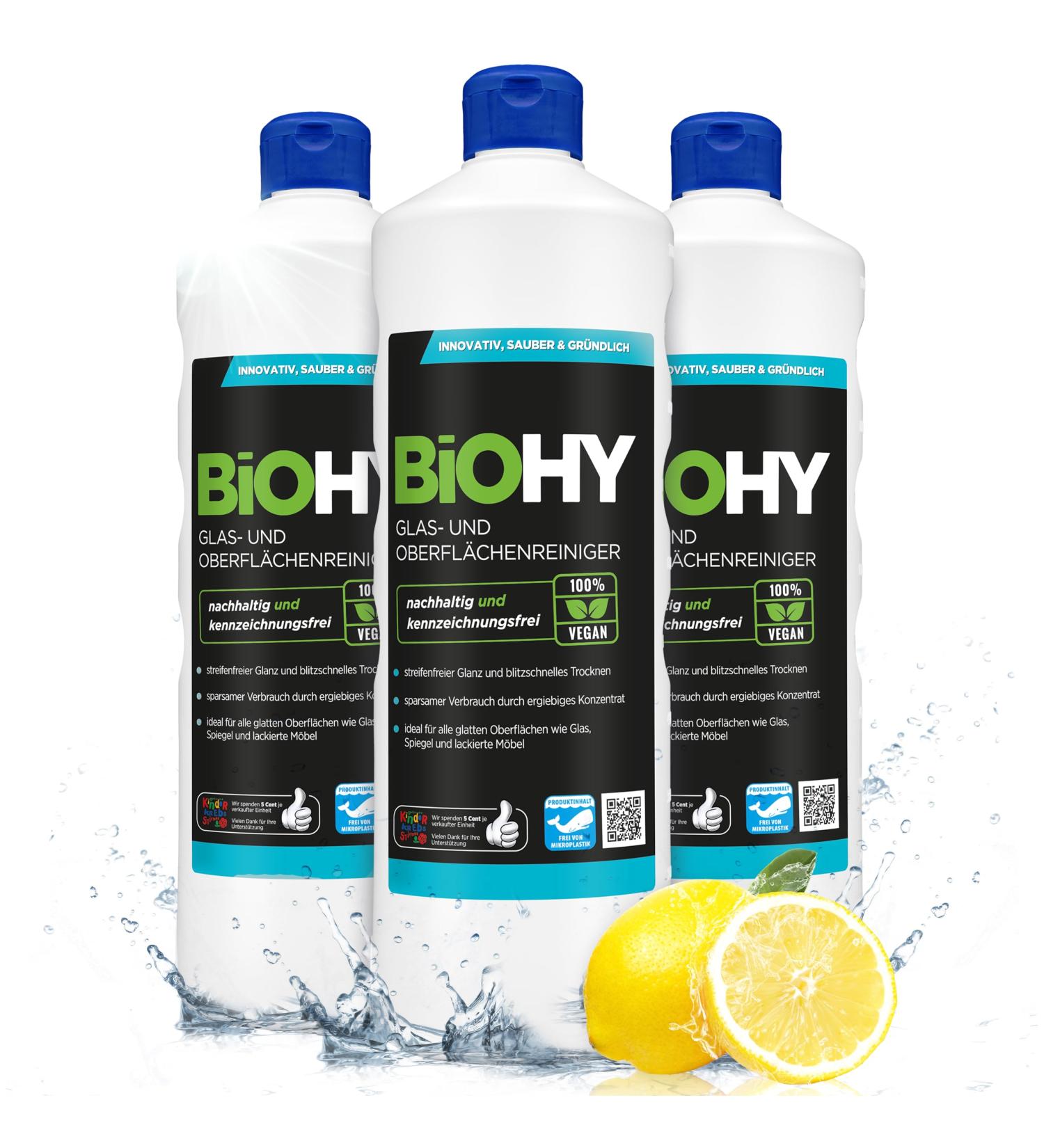 Biohy Glass & Surface Cleaner - Streak-Free Shine | 3 x 1L Concentrate for Windows & Kitchen | Effective Fat Solder & Lime Cleaner - Buy Online on GoSupps.com