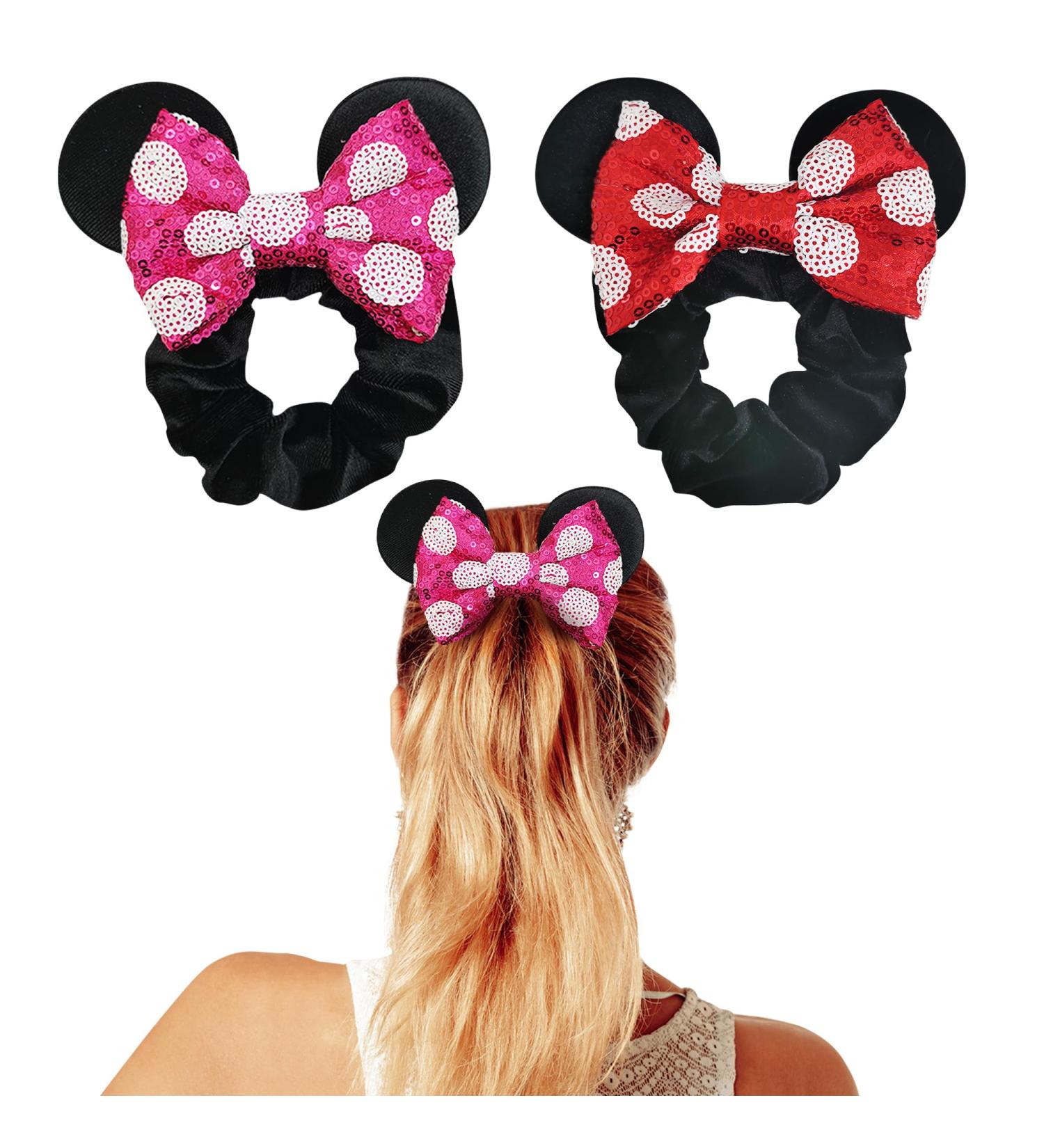 Styla Hair 2pk Mouse Ear Scrunchies for Kids Velvet Hair Bow Scrunchies for Women - Sparkle Sequins Mouse Hair Bands for Pony Tail (Red Pink Polka Dot) - Buy Online on GoSupps.com