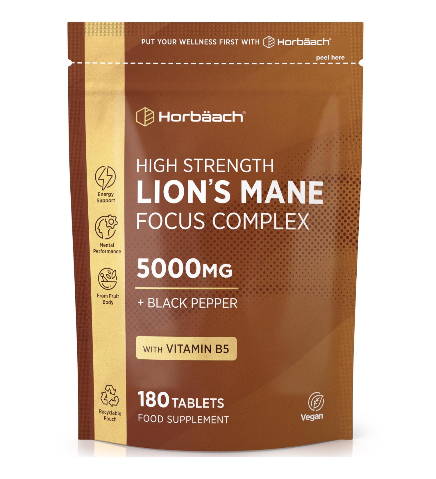 Lions Mane Supplement 5000mg | Focus Complex with Vitamin B5 & Black Pepper | Lion's Mane Mushroom Mental Performance Supplement | 180 Vegan Tablets | by Horbaach - Buy Online on GoSupps.com