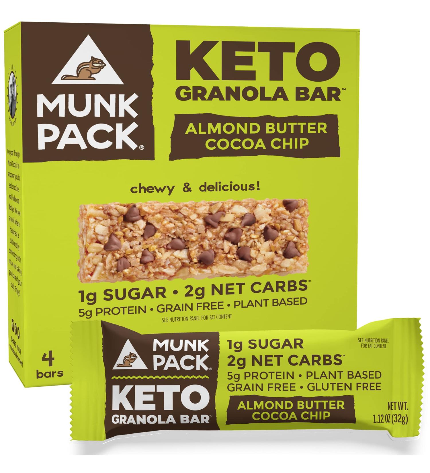 Munk Pack Keto Granola Bars - Almond Butter Cocoa Chip (4 Bars, 1.12 oz Each) - Buy Online on GoSupps.com