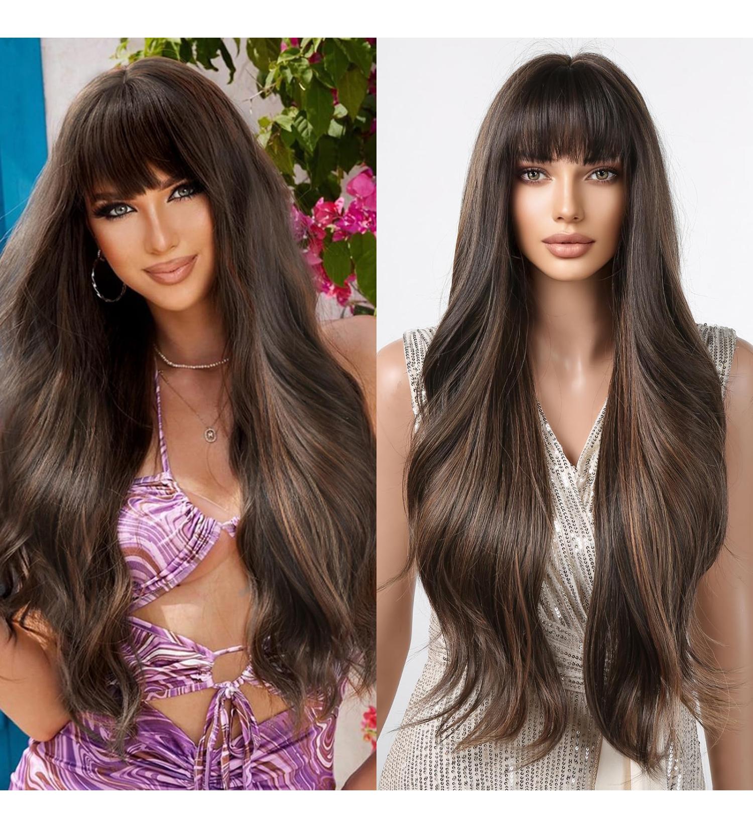 Allbell Long Brown Wavy Wig with Bangs - Natural Synthetic Hair Blend for Women | Brown & Blonde - Buy Online on GoSupps.com