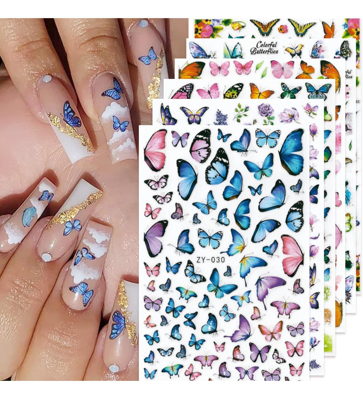 YOSOMK Butterfly Nail Art Stickers Decals - Spring Blue Pink Purple 3D Self-Adhesive Nail Decals for Women and Girls - Acrylic Nails DIY Design - 6 Sheets - Buy Online on GoSupps.com