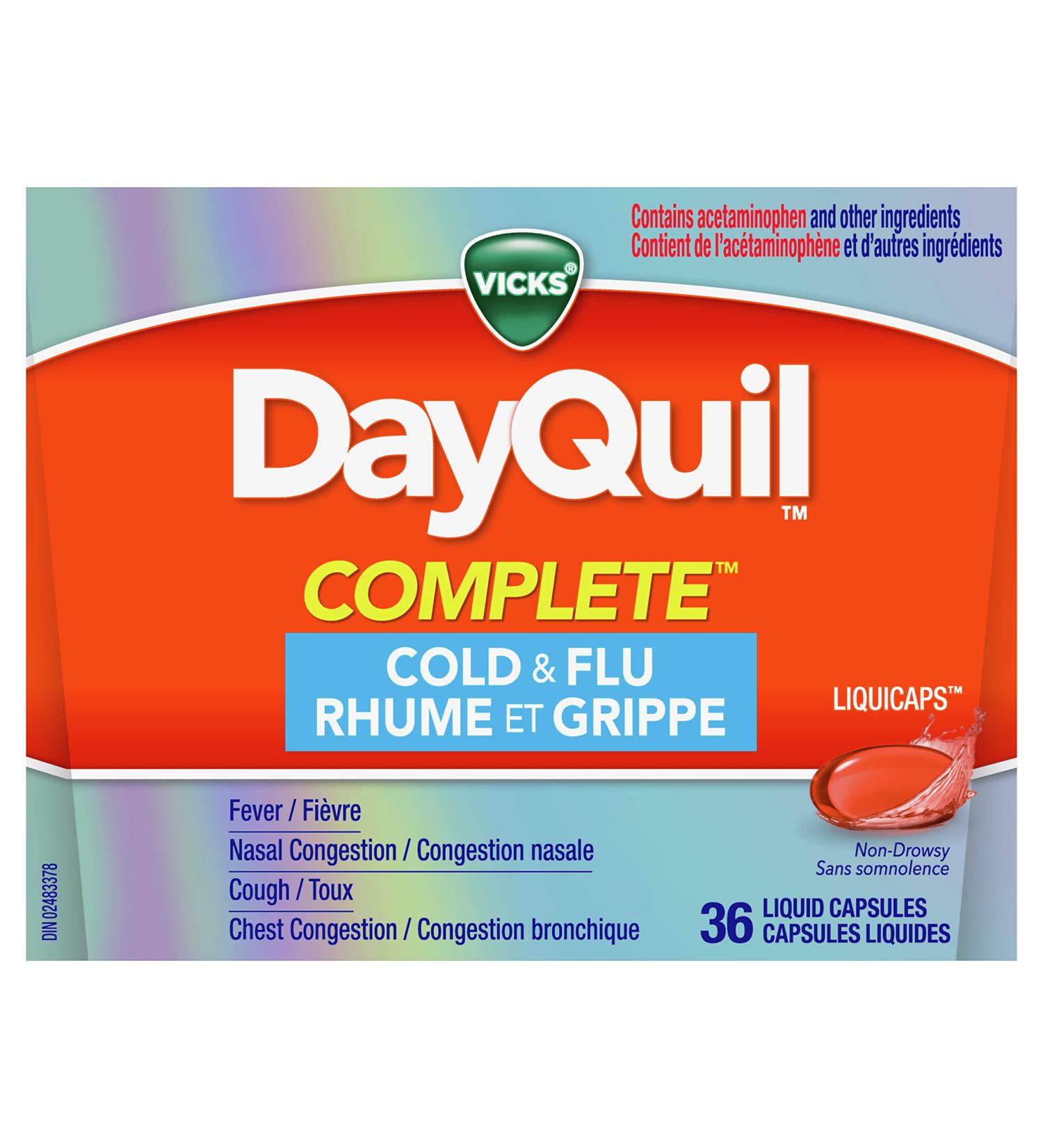Vicks DayQuil COMPLETE Cold and Flu Symptom and Congestion Relief LiquiCap Non-Drowsy Daytime Relief for 9-Symptoms 36ct 36 Count - Buy Online on GoSupps.com