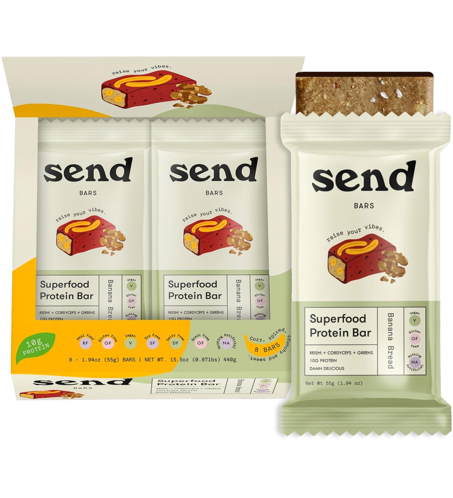 Buy Send Bars Plant Protein Bars with Greens - Banana Bread Flavor (8 Bars) | Boost Focus Stress Tolerance & Energy with Organic Ingredients - International Shipping Available - Buy Online on GoSupps.com