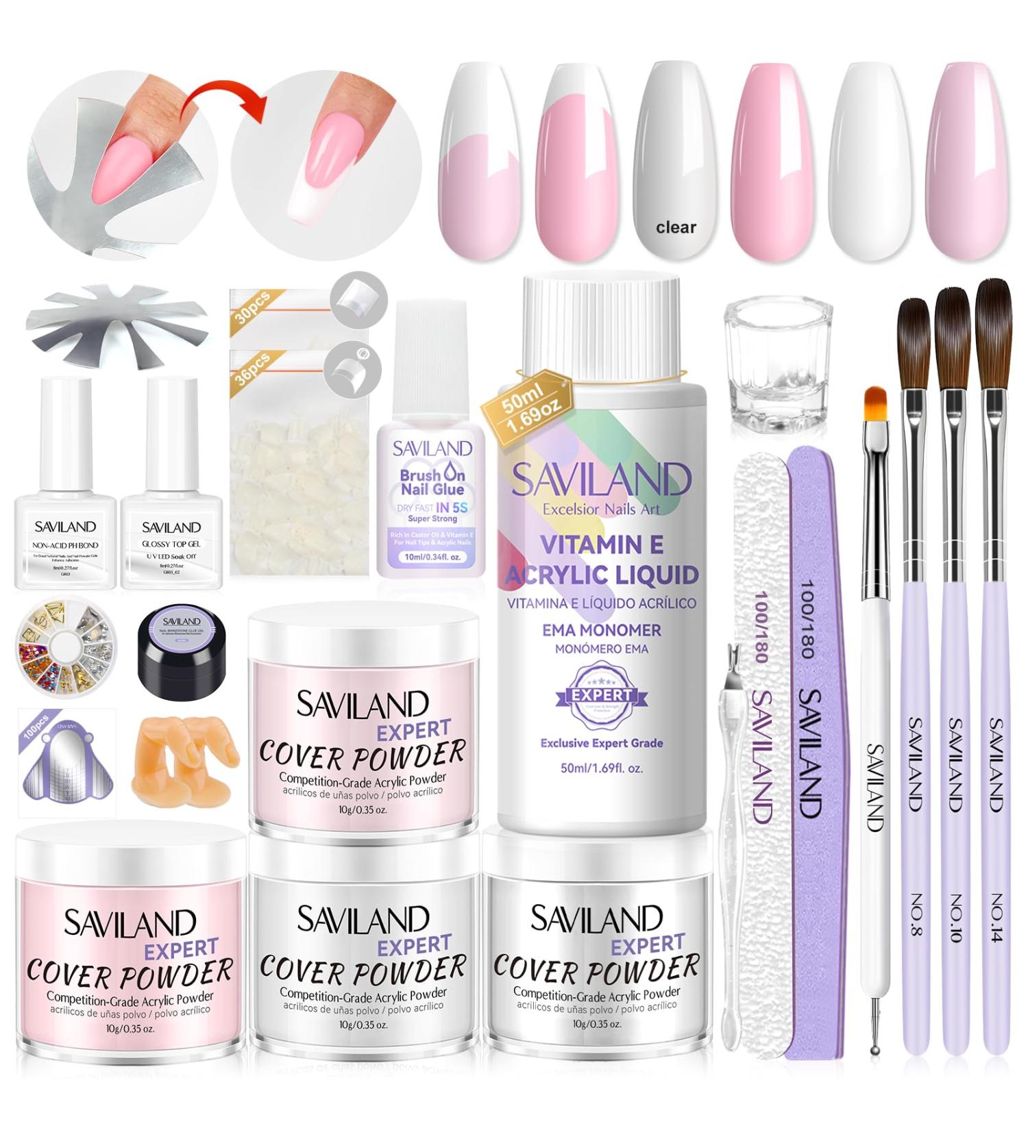 SAVILAND Acrylic Nail Kit: 4 Colors Acrylic Powder and Liquid Set with Acrylic Nail Brush/French Nails Tips/Nail Glue/Top Gel/Non-acid Ph Bond/Acrylic Nail Set for Beginners Acrylic Application 01-Acrylic Nail Kit - Buy Online on GoSupps.com