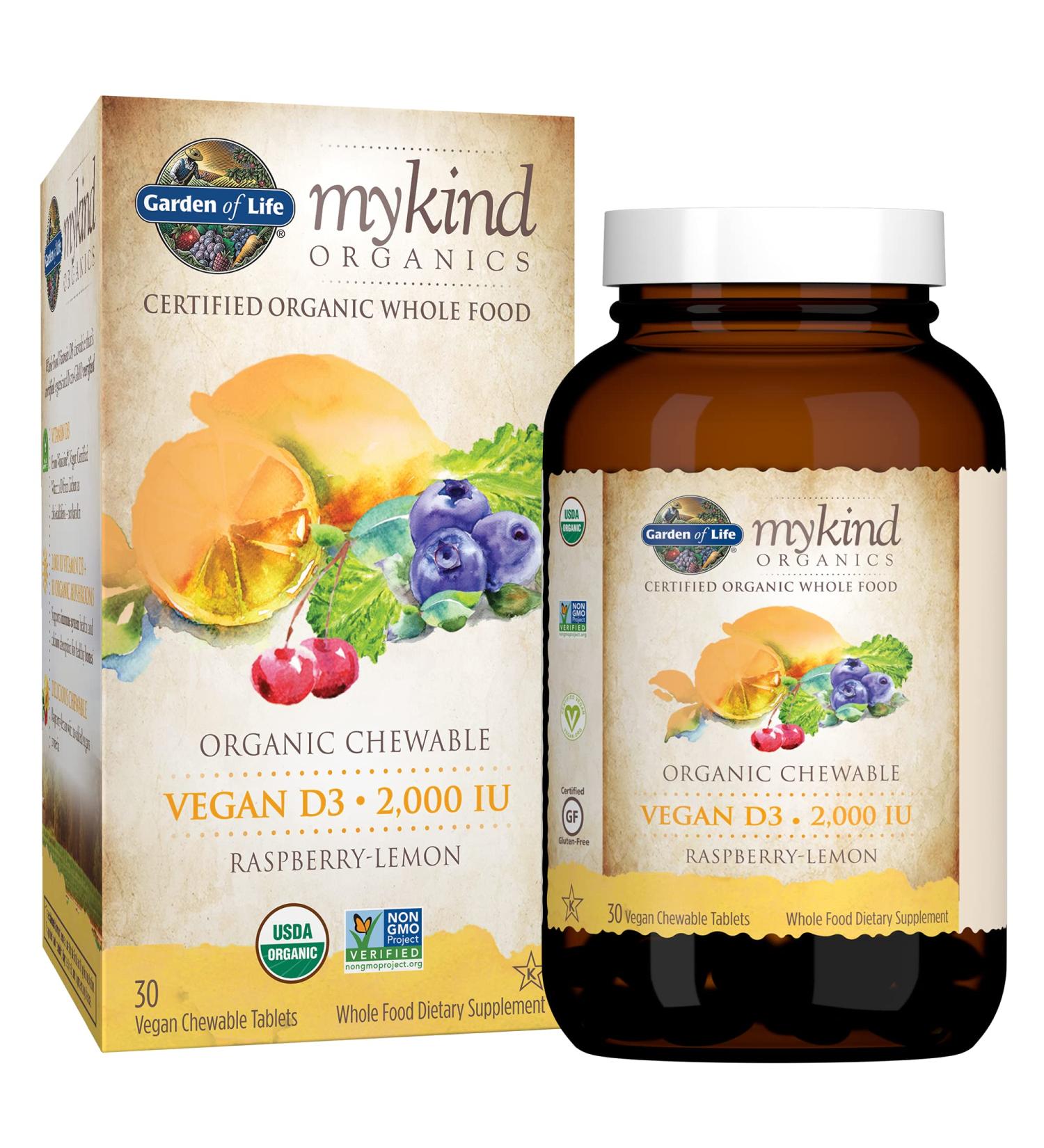 Garden of Life MyKind Organics Vegan D3 50 mcg - Raspberry-Lemon Chewable Tablets (30 Count) - Buy Online on GoSupps.com
