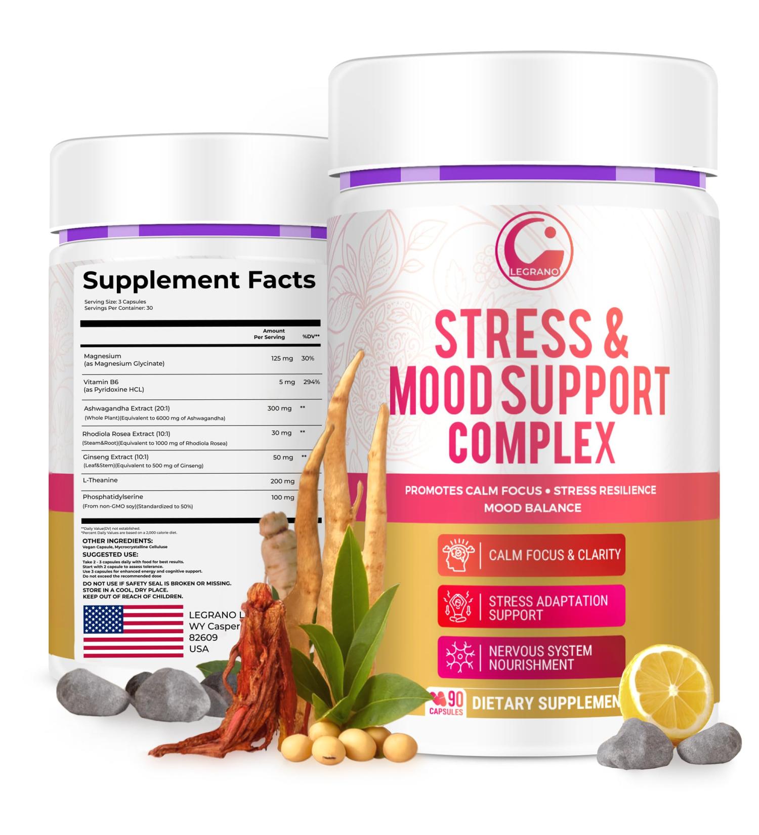 LEGRANO Cortisol Manager Supplements for Women & Men with Ashwagandha L-Theanine Magnesium Glycinate Rhodiola Ginseng Cortisol Reducer & Adrenal Support 90 Capsules Calm Focus Balance - Buy Online on GoSupps.com