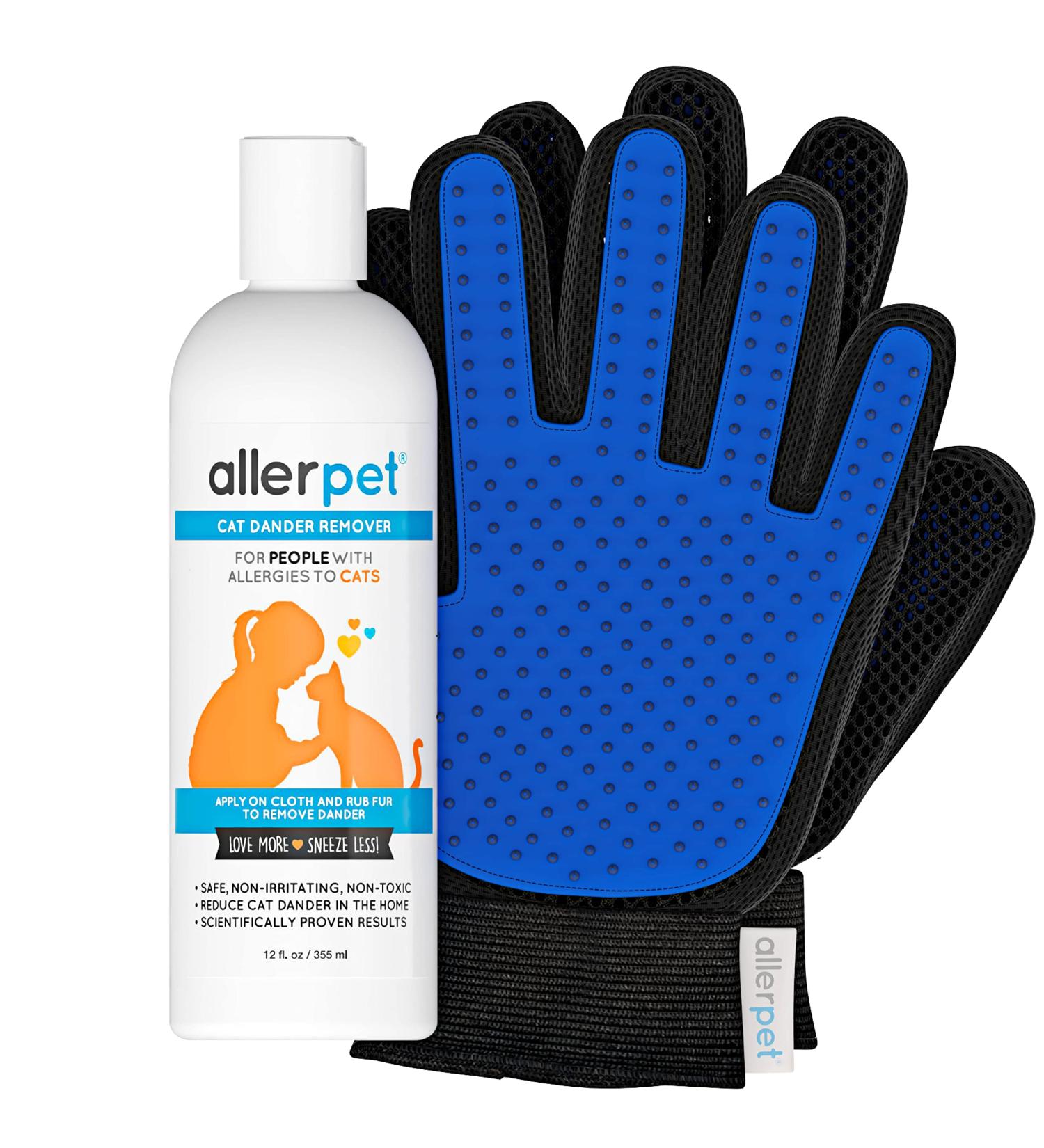 Allerpet Cat Dander Remover & Grooming Glove Set | Pet Dander Allergen Remover for Cats | Dry Skin Treatment | Made in USA (12oz) - Buy Online on GoSupps.com