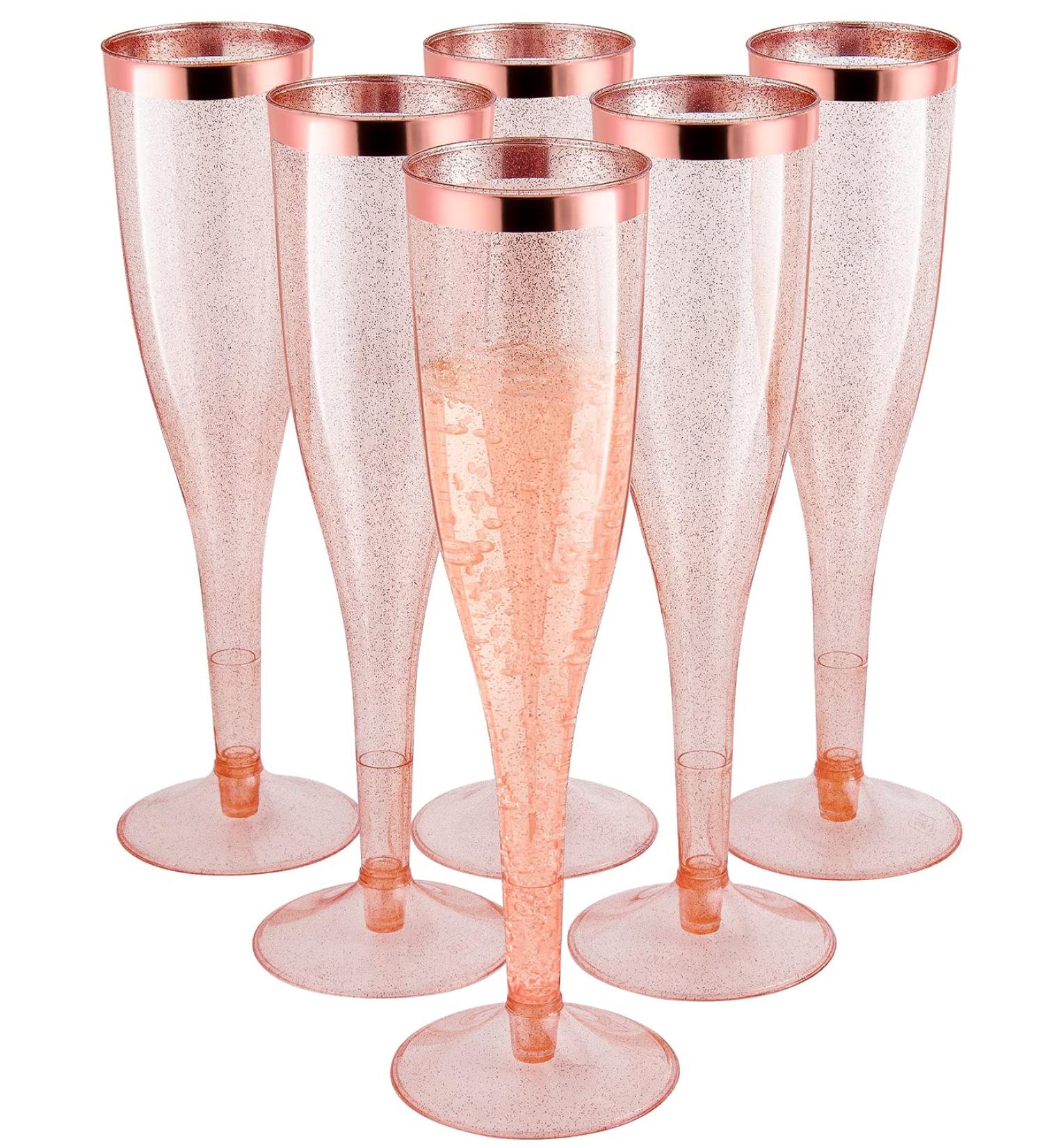 Rose Gold Plastic Champagne Flutes - 30 Pack, 6.5 Oz, Disposable Toasting Glasses for Wedding Party - Gold Glitter Plastic Mimosa Glasses - Pink Cups - Buy Online on GoSupps.com