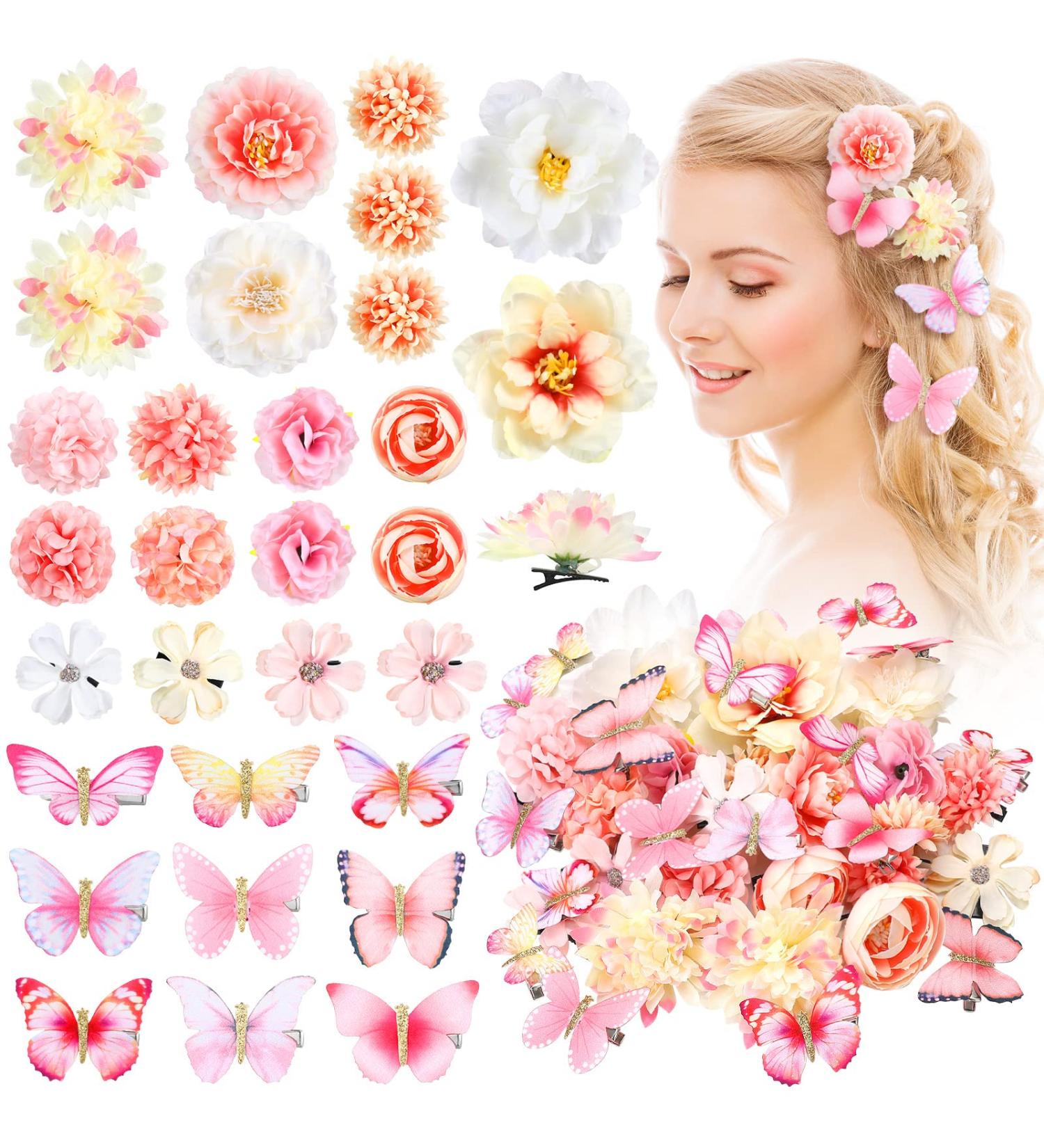 Bencailor 30-Piece Handmade Flower Butterfly Hair Clips - Realistic Floral Hair Accessories for Bride Women Wedding Girls (Pink White) - Buy Online on GoSupps.com