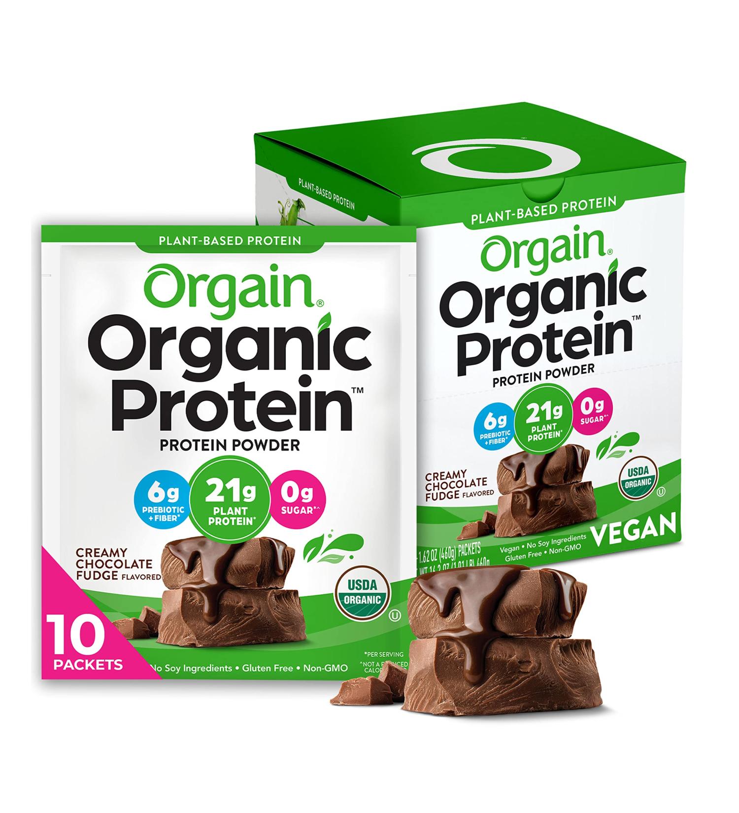 Orgain Organic Vegan Protein Powder Travel Pack - 21g Plant-Based Protein, Creamy Chocolate Fudge, Non-GMO, 10 Count - Buy Online on GoSupps.com