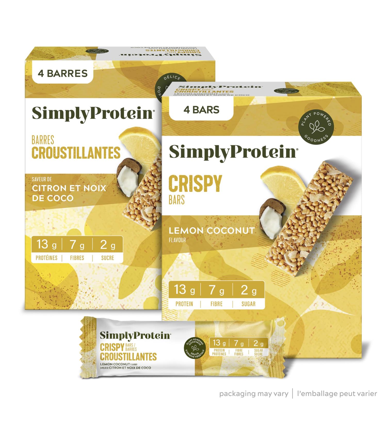 Simply Protein - Lemon Coconut Crispy Bars - Plant Based Protein Bars - Low Carb Low Sugar High Fibre - 13g Protein 2g Sugar 7g Fibre - Vegan Gluten Free Non GMO Kosher - 4 Bars Lemon Coconut 4 Count (Pack of 1) - Buy Online on GoSupps.com