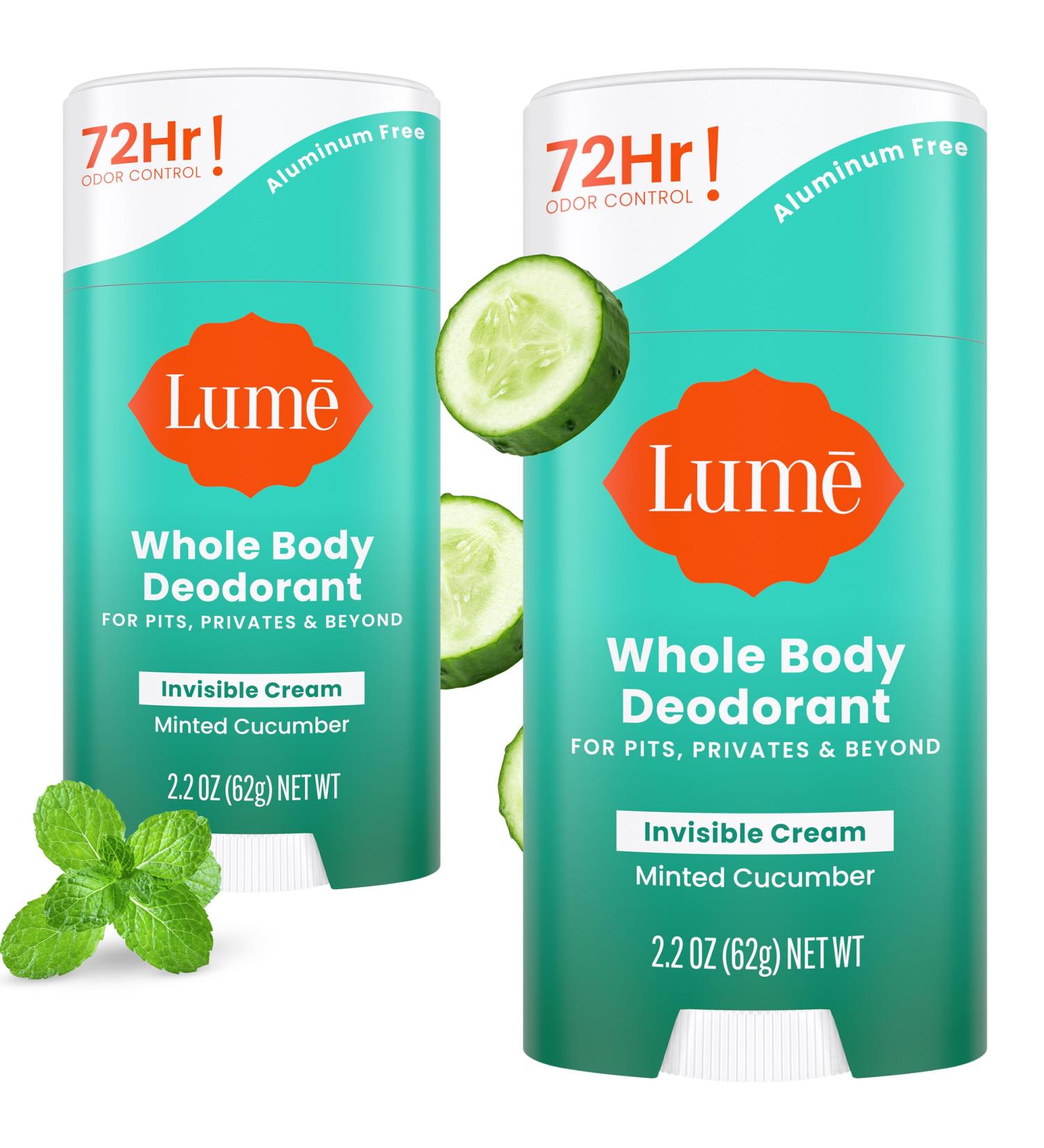 Lume Whole Body Deodorant - Invisible Cream Stick - 72 Hour Odor Control - Aluminum Free Baking Soda Free Skin Safe - 2.2 Ounce (Pack of 2) (Minted Cucumber) Minted Cucumber 2.2 Ounce (Pack of 2) - Buy Online on GoSupps.com