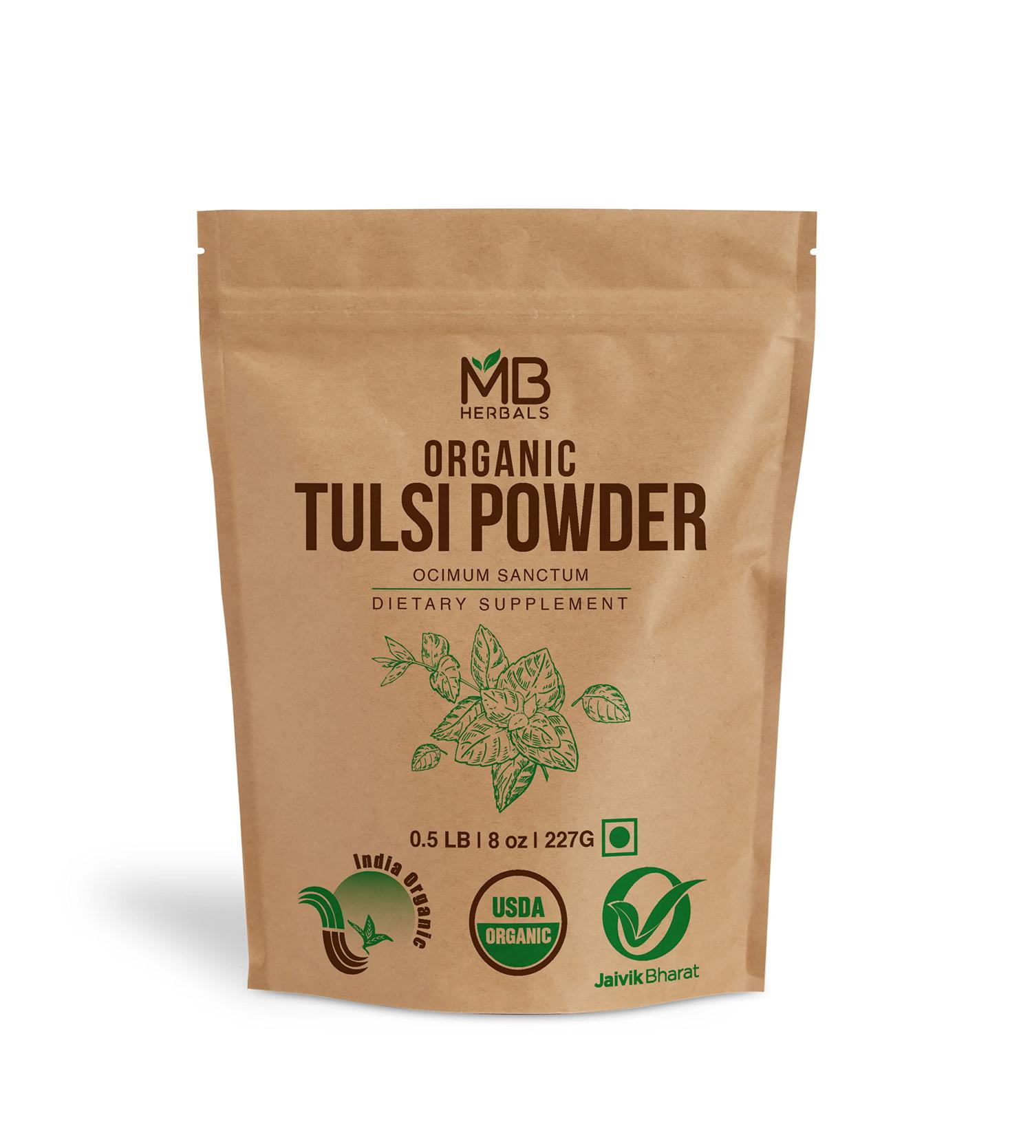 MB Herbals Organic Tulsi Powder 8 oz - USDA Certified | Premium Quality Ocimum Sanctum Tulasi for Tea | 0.5 lb (227g) Diet Supplement - Buy Online on GoSupps.com