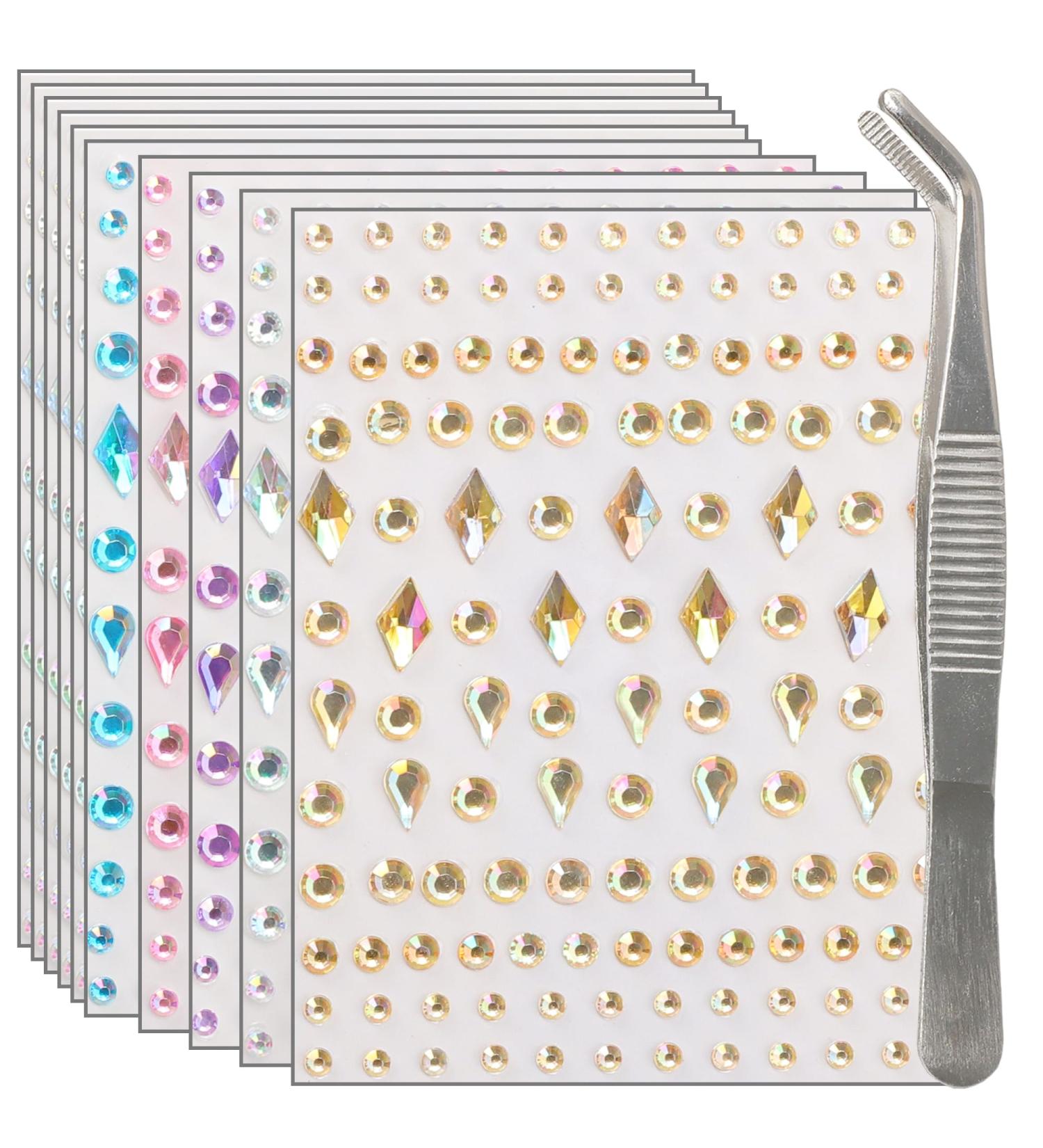 NIACONN Face Jewels Gems Stick On (10 Sheets/5 Colors/1280 Particles) Self Adhesive Rhinestone Hair Gems Stickers for Makeup & DIY
