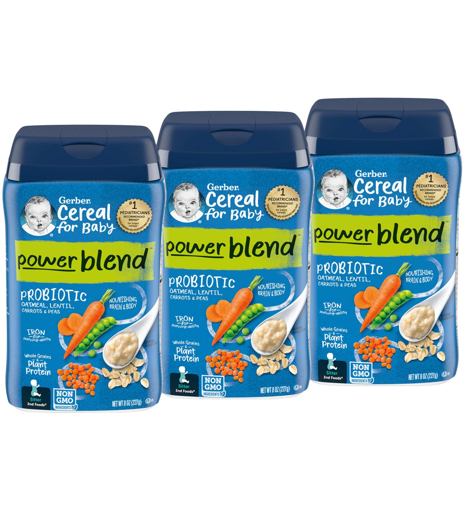 Gerber 2nd Foods Power Blend Probiotic Oatmeal Lentil Carrots & Peas - 8 OZ Canister (Pack of 3) | Whole Grains & Plant Protein for Baby - Buy Online on GoSupps.com