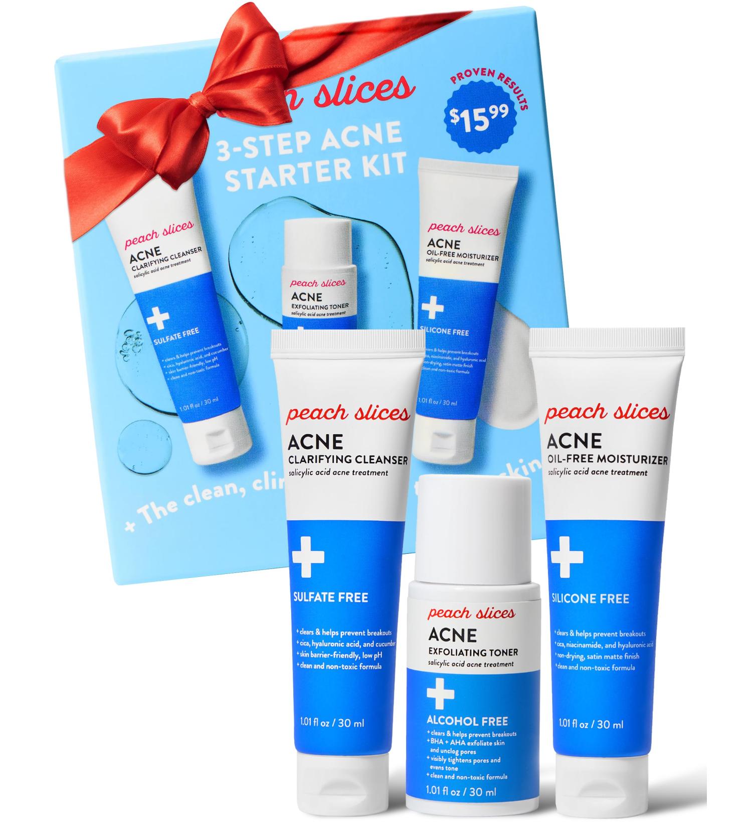 Peach Slices - 3-Step Acne Starter Kit (3 Products) - Skin Care Set - 1 Toner 1 Cleanser 1 Oil Free Moisturizer - 2% Salicylic Acid & Botanicals - Vegan & Cruelty Free - Korean Skin Care & Beauty - Buy Online on GoSupps.com