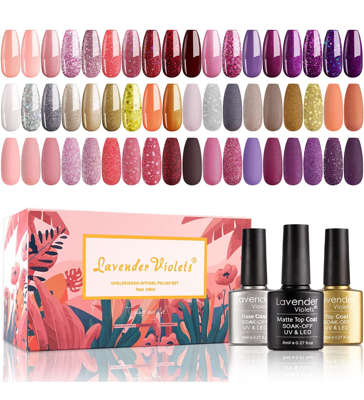Lavender Violets Gel Nail Polish Kit - 27+3 Classic & Glitter Colors - Soak-off UV Nail Gel Set with Base, Matte & Glossy Top Coat - C971 - Buy Online on GoSupps.com