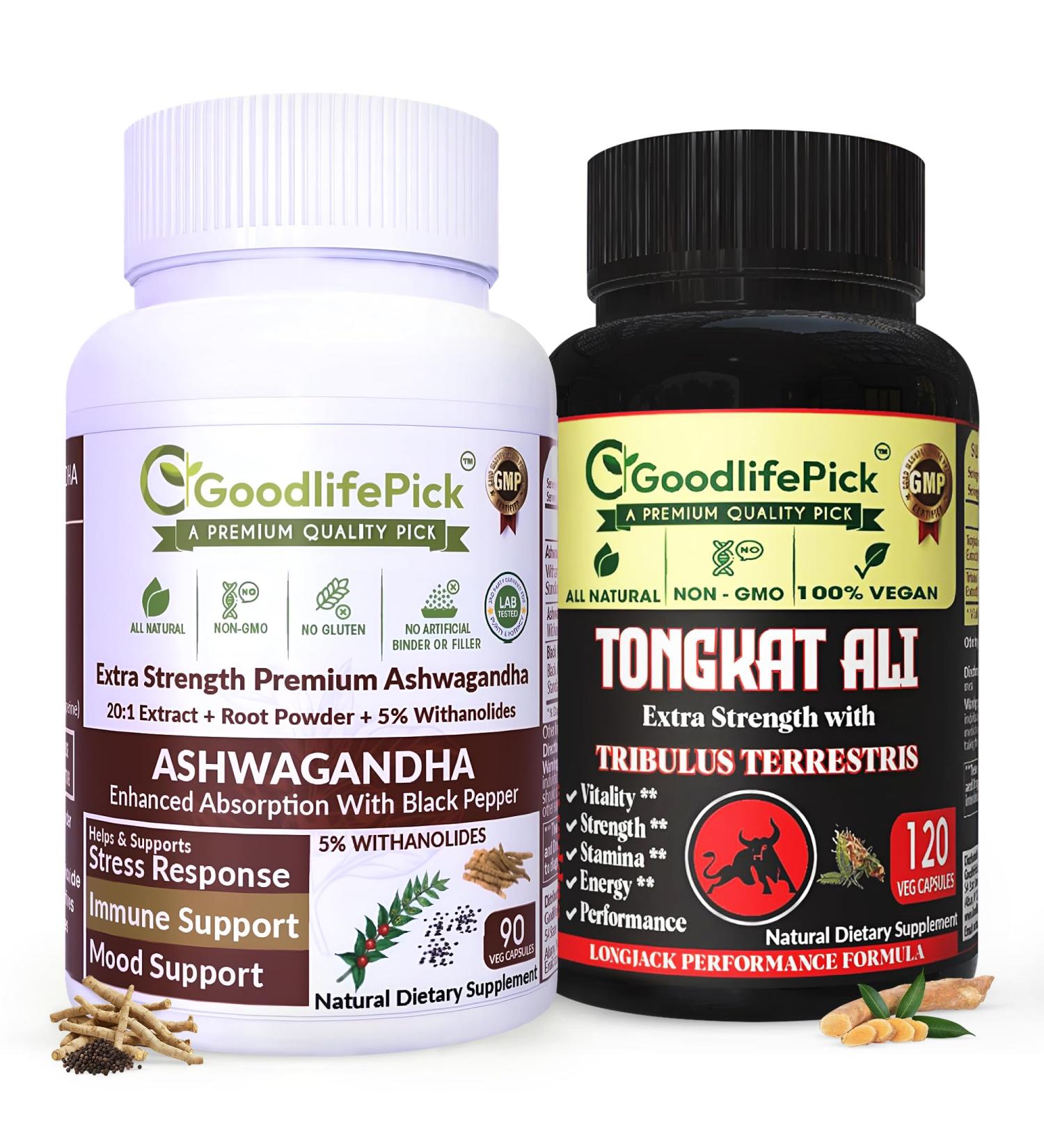 GoodlifePick Capsules with Black Pepper from Pure Ashwagandha Powder & 20:1 Ashwagandha Root Extract with Black Pepper 90 Veg Cap AllNatural NonGMO Vegan NO Rice Powder NO Gluten - Buy Online on GoSupps.com