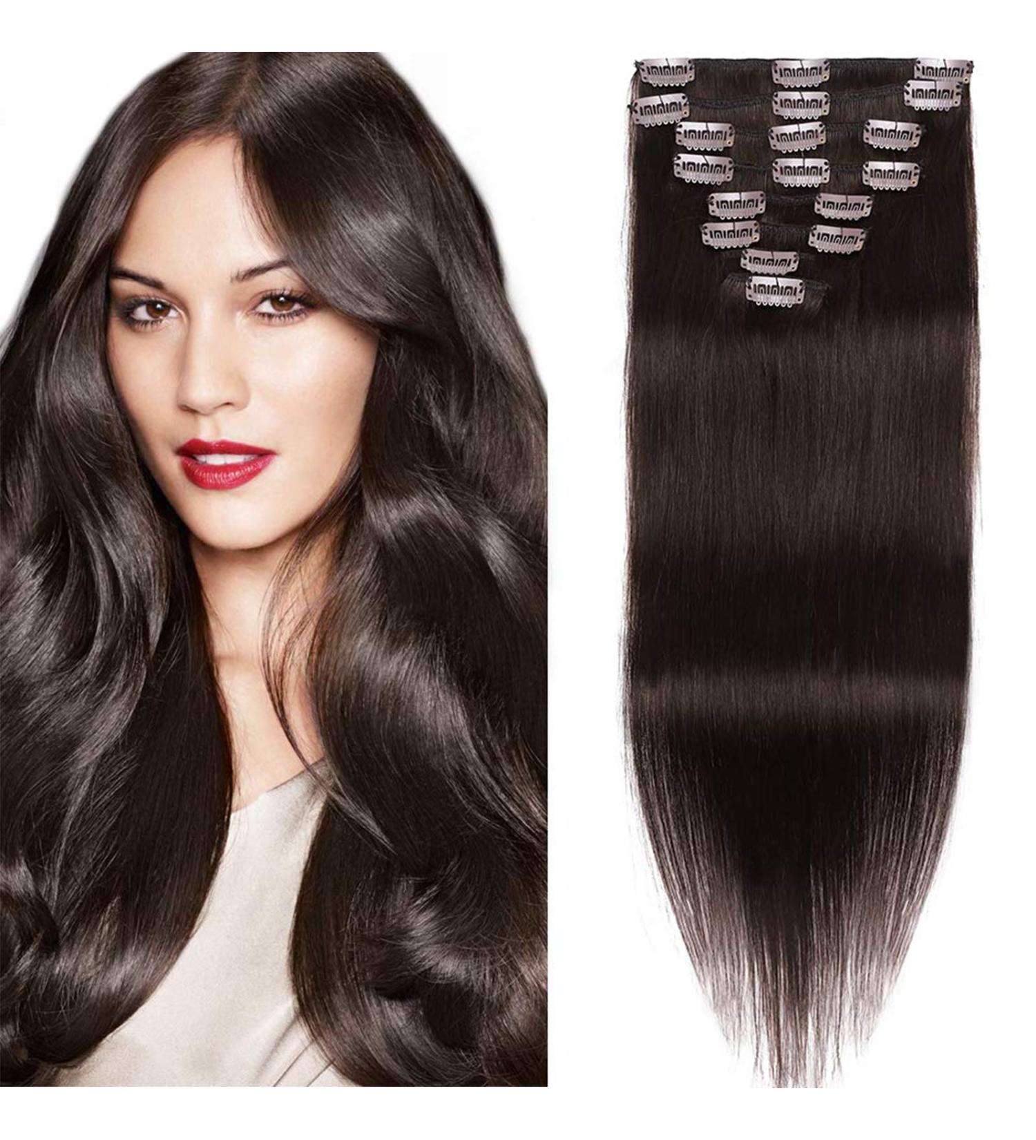 Clip-In Real Hair Extensions - 100% Remy Dark Brown #2 20 (50cm) Double Set - Perfect for Parties - 150g - Buy Online on GoSupps.com