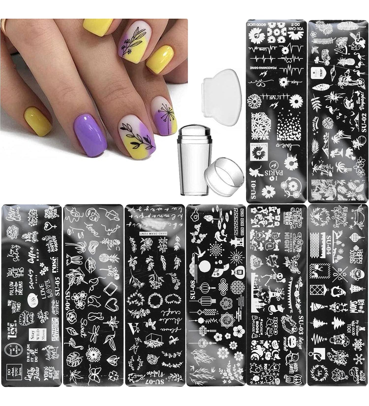 Daisies, Leaves, Letters, Lines, Lips, Flowers, Skeletons Nail Stamping Plates Set - 8pcs + Stamper & Scraper - Spring, Summer, Autumn & Winter Designs - Nail Supplies - Buy Online on GoSupps.com
