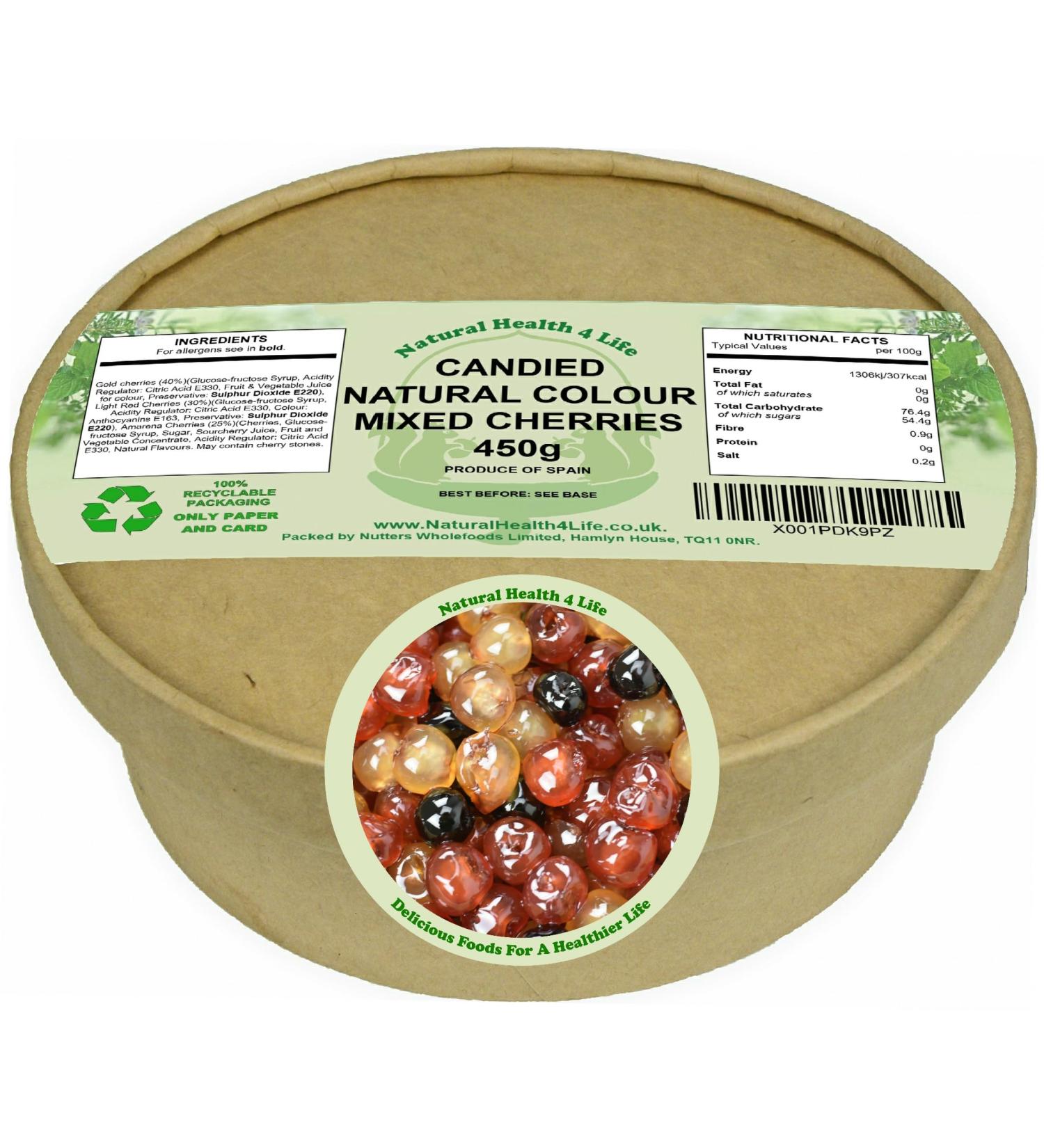 Natural Health 4 Life Cake Baking Ingredients Mixed Natural Colour Glace Cherries 450 g in Recyclable Tub (1 Tub) 450g - Buy Online on GoSupps.com