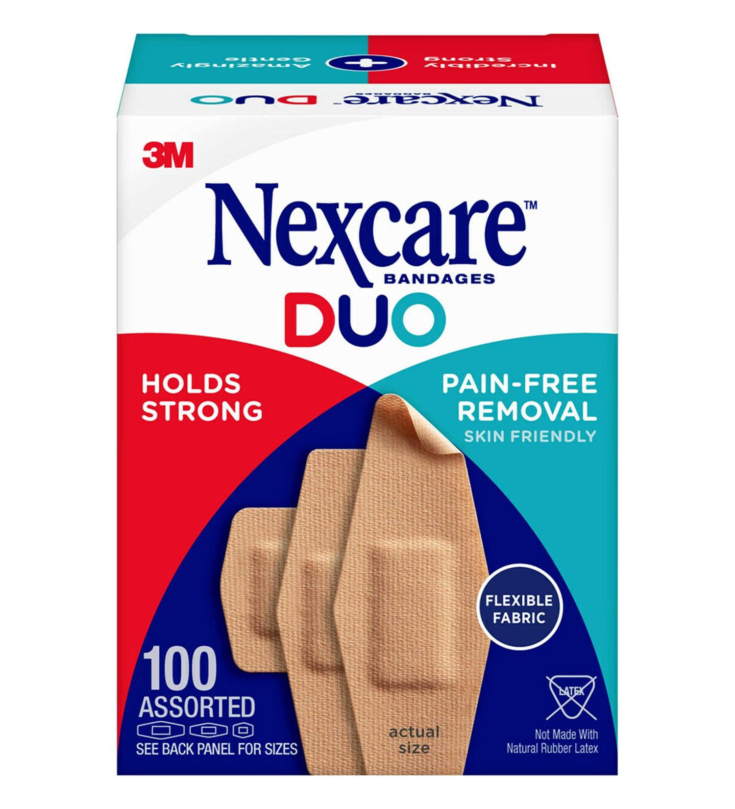 Nexcare DUO Bandages Flexible Fabric 100 count - Strong Hold for Summer Activities - Pain Free Removal - Assorted Sizes - Buy Online on GoSupps.com