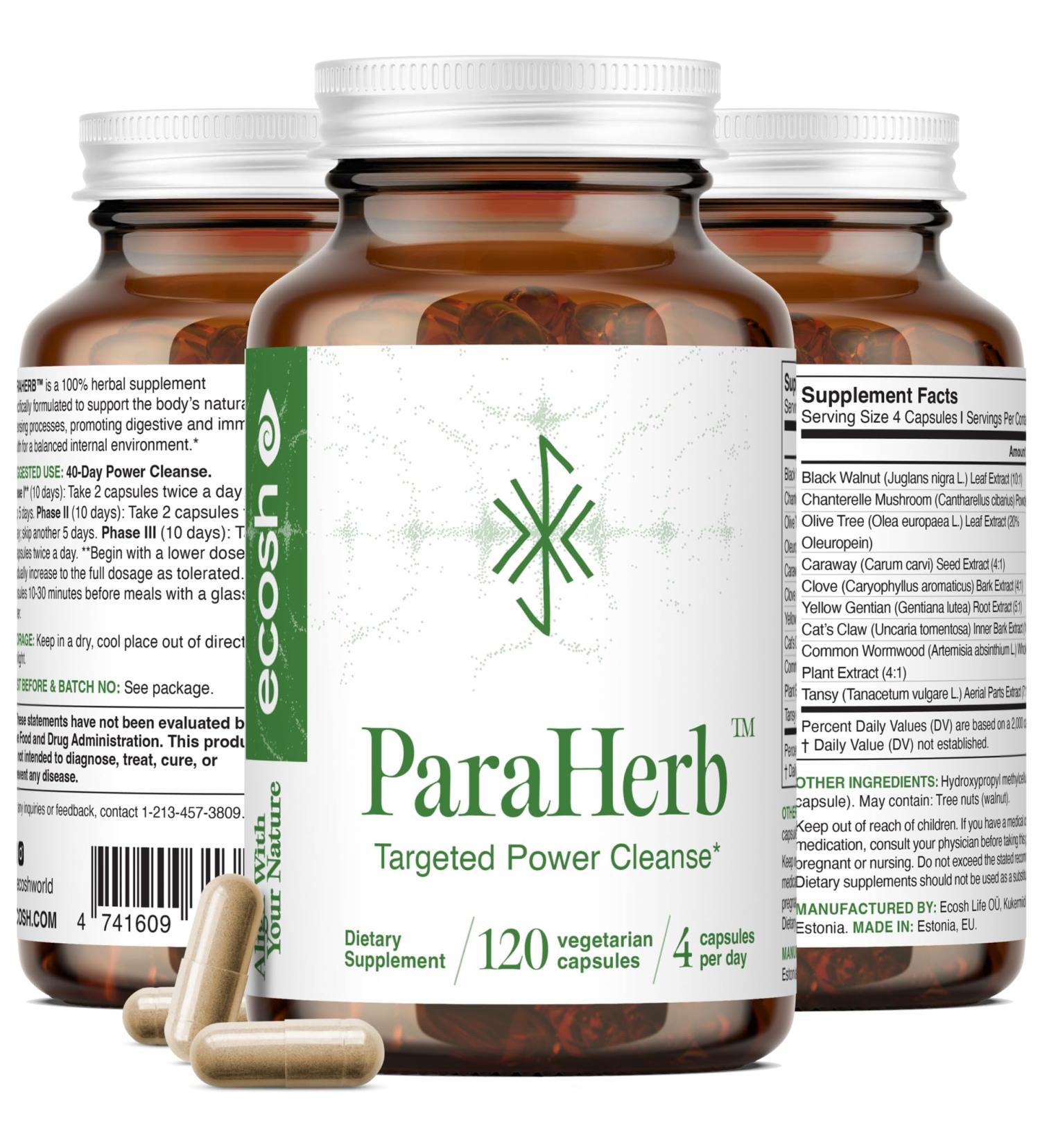 Ecosh ParaHerb Wormwood Black Walnut Clove & Chanterelle Extract Intestinal Cleanse Herbal Support for Gut Detox & Digestion | Vegan Non-GMO No Fillers | 120 Capsules for Adults 120 Count (Pack of 1) - Buy Online on GoSupps.com