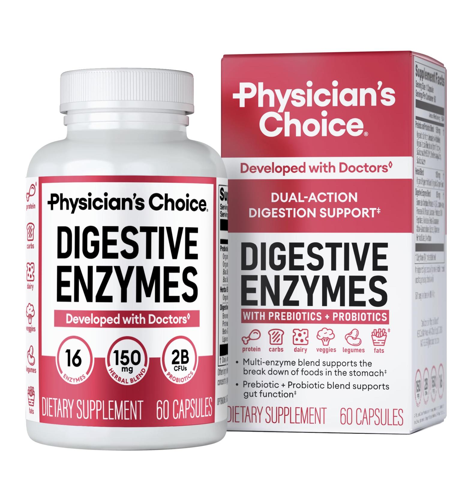 Physician's CHOICE Digestive Enzymes - Multi Enzymes Organic Prebiotics & Probiotics for Digestive Health & Gut Health - Meal Time Discomfort Relief & Bloating - Dual Action Approach - 60 CT 60 Count (Pack of 1) - Buy Online on GoSupps.com