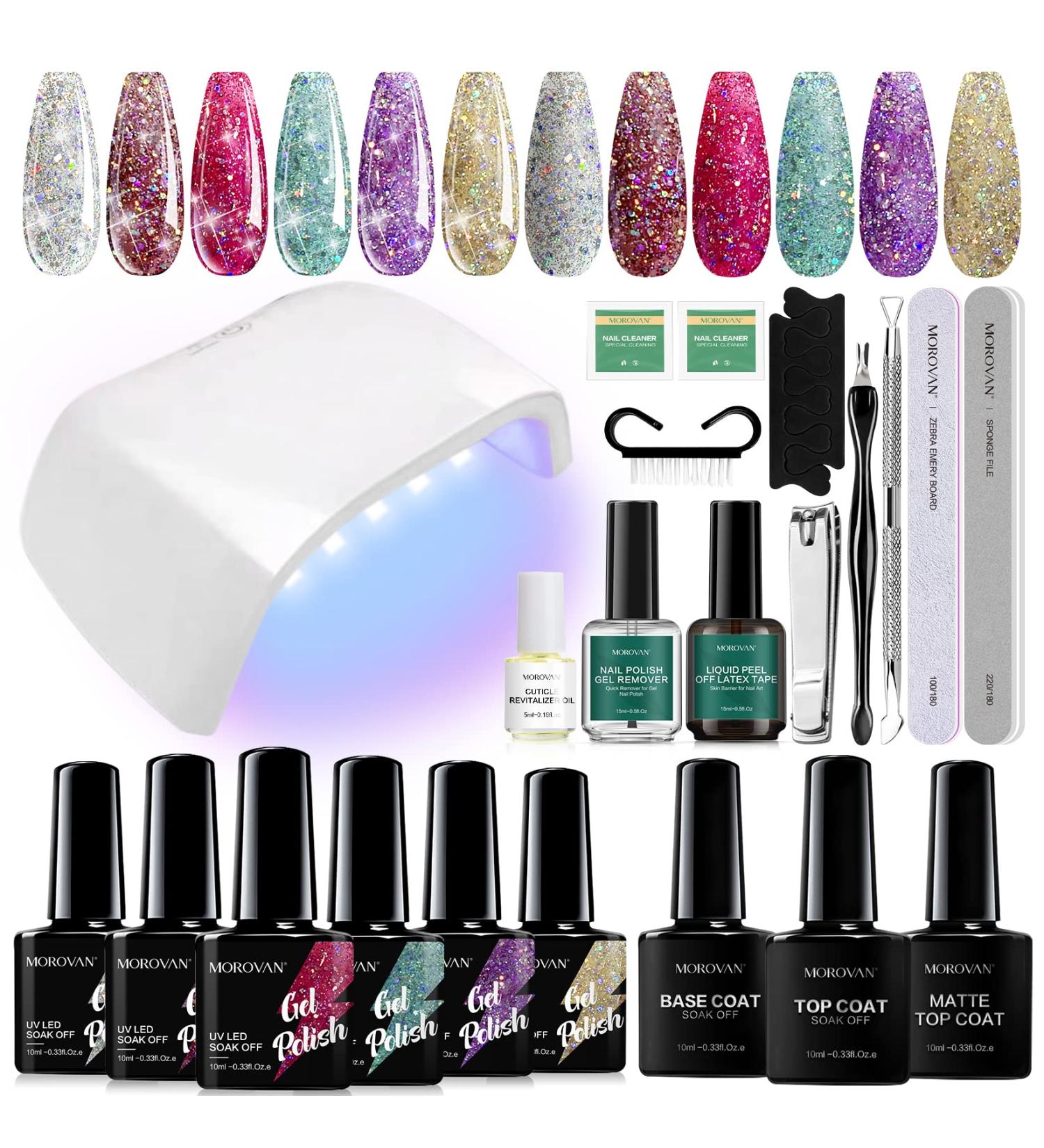 Morovan Gel Nail Polish Kit with UV Light - 6PCS Glitter Set for DIY Nail Art | Base, Top Coat & Remover Included - Buy Online on GoSupps.com
