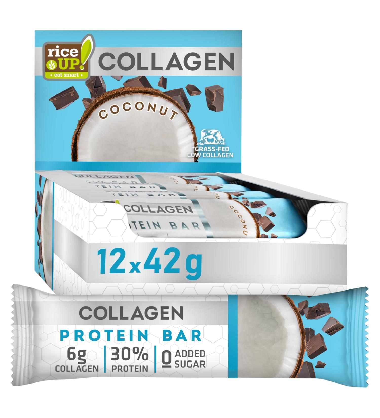 RiceUP! Barre Prot in e Noix de Coco au Collag ne 30% Prot ines 6000 mg Collag ne Type I & III Sans Sucre Ajout Moins de 215 kcal Snack Prot in 12 x 42 g Noix de coco Medium - Buy Online on GoSupps.com
