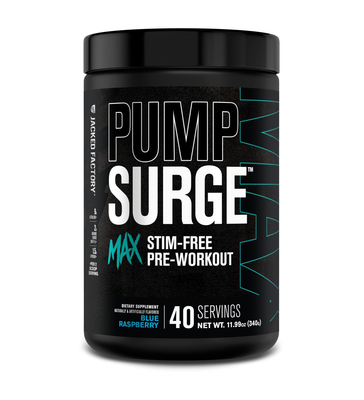 Jacked Factory Pumpsurge Max Stim Free Pre Workout - High-Performance Caffeine Free Pre Workout with L-Citrulline N03-T Arginine Nitrate & Glutathione - 40 Servings Blue Raspberry Blue Raspberry 40 Servings (Pack of 1) - Buy Online on GoSupps.com