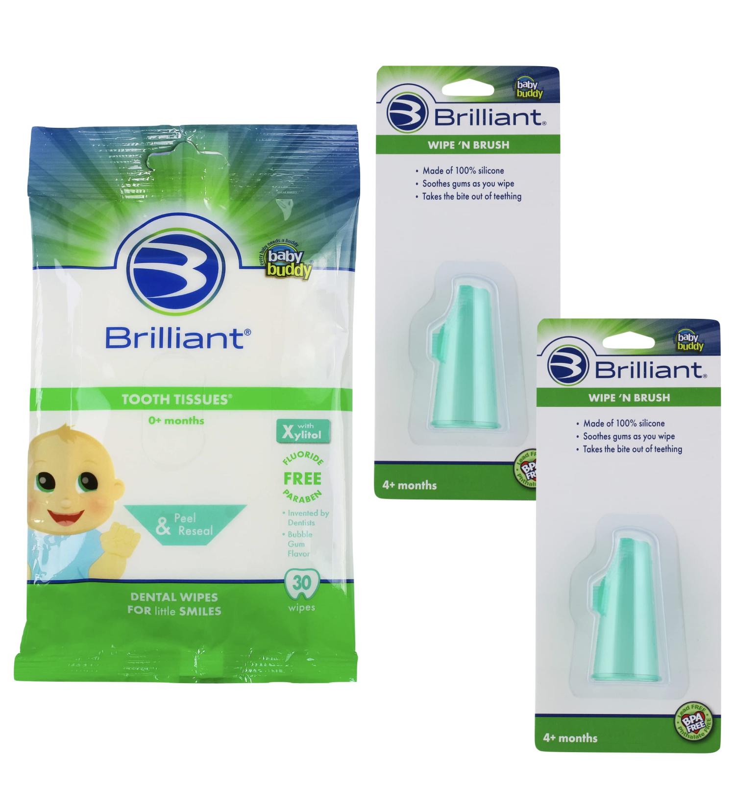 Brilliant Wipe N Brush - 2 Silicone Toothbrushes & 30 Xylitol Tooth Tissues for Infants (4-16 Months) | Essential Baby Oral Care Products - Buy Online on GoSupps.com