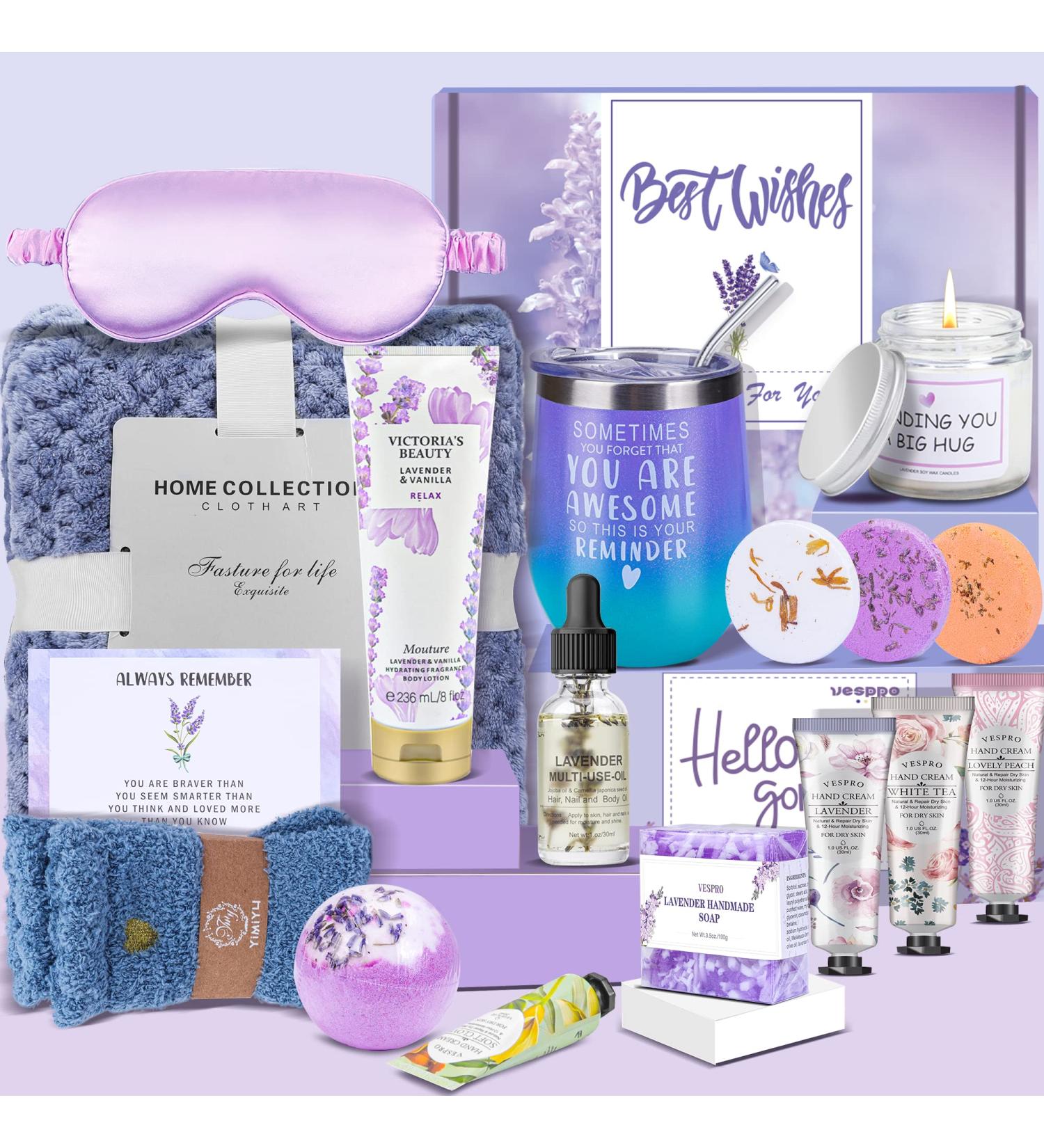 VESPRO Spa Gift Basket for Women - Relaxing Bath and Body Works Set for Mom, Sister, Wife - Spring Sympathy Gift Box in Purple - Buy Online on GoSupps.com