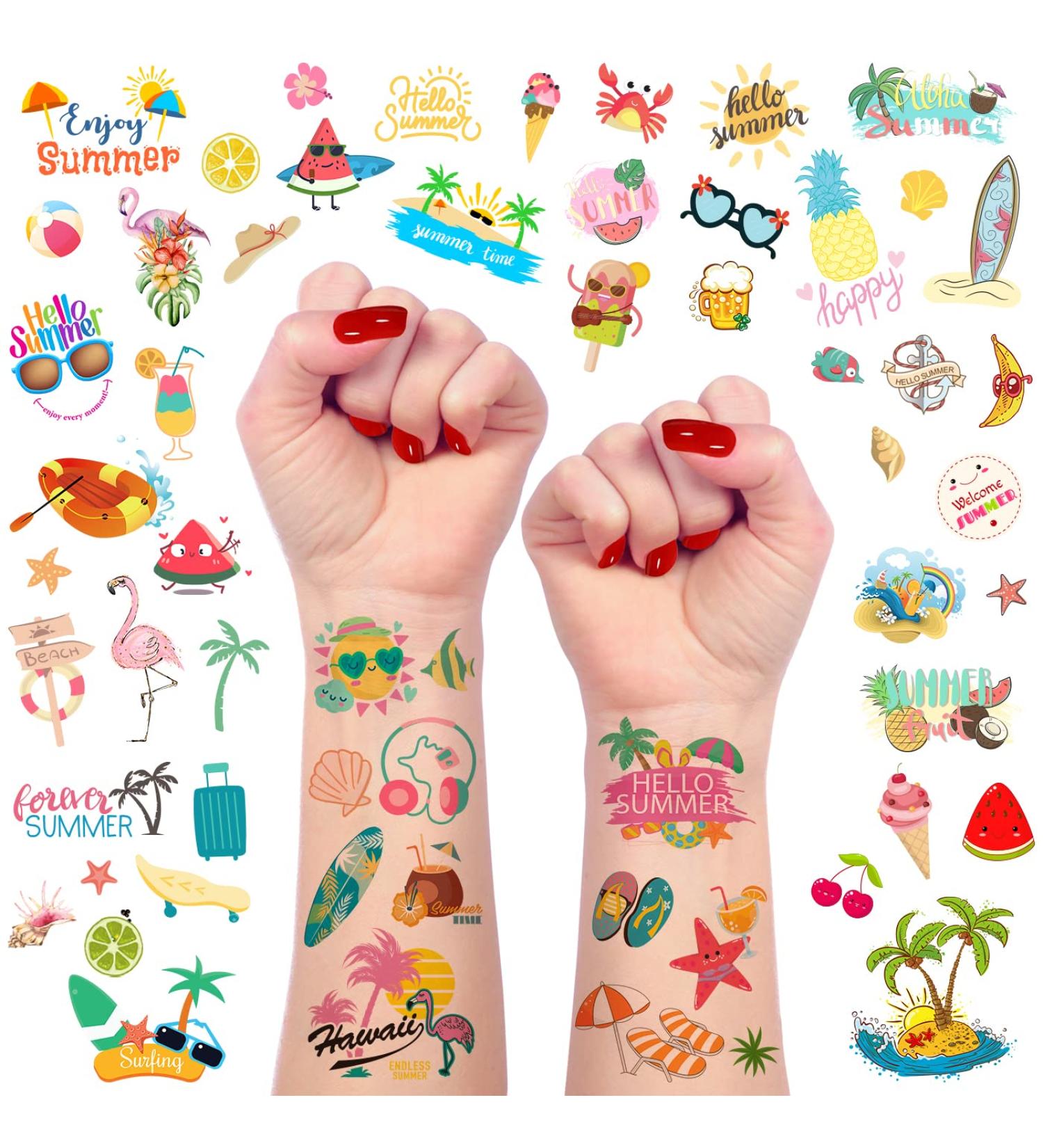 60-Piece Summer Temporary Tattoos for Kids - Pool Party Favors, Hawaiian Luau Beach Theme with Watermelon, Strawberry, Pineapple, and Flamingo Designs - Tropical Temporary Tattoo Stickers for Birthday and Pool Parties - Buy Online on GoSupps.com