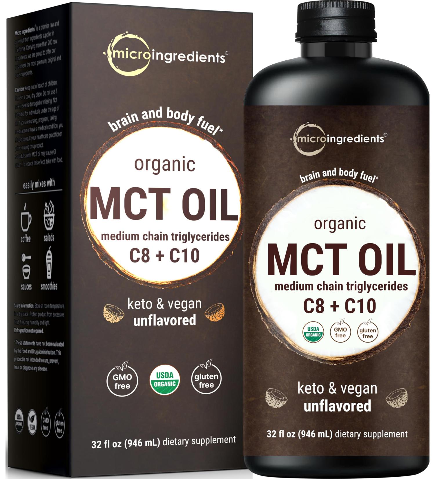 Micro Ingredients MCT Oil Organic 32 fl oz | C8 + C10 from 100% Virgin Coconut | Natural Fuel for Brain Energy & Ketone Production | Great for Coffee Tea & Protein Shakes | Unflavored Keto Vegan 32 fl oz (Pack of 1) - Buy Online on GoSupps.com