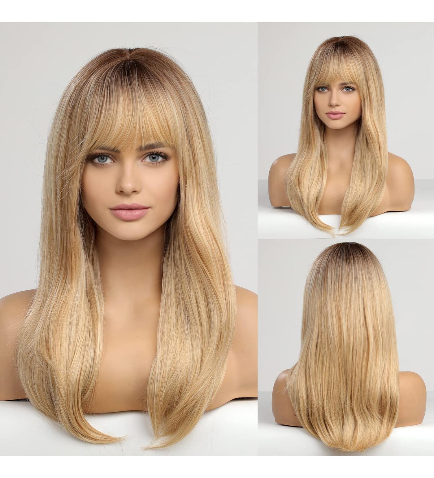 HAIRCUBE Long Blonde Straight Wigs for Women with Fringe and Dark Roots - Synthetic Layered Hair Wig - Buy Online on GoSupps.com