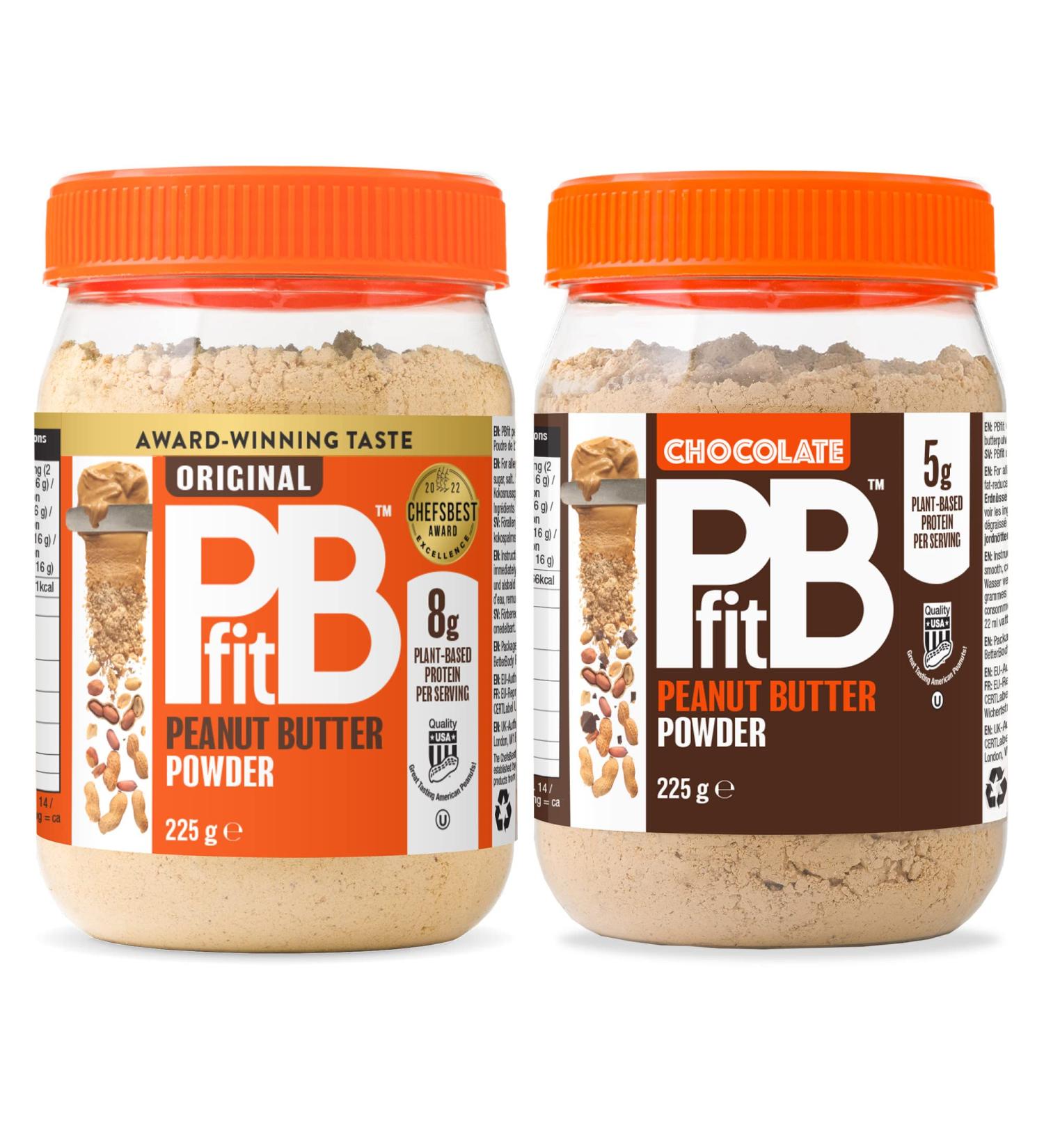 PBfit Peanut Butter Powder - Original & Chocolate - 87% Less Fat Gluten Free All Natural Nut Butter Spread - Powdered Peanut Butter from Real Roasted Peanuts - 225g (Pack of 2) - Buy Online on GoSupps.com